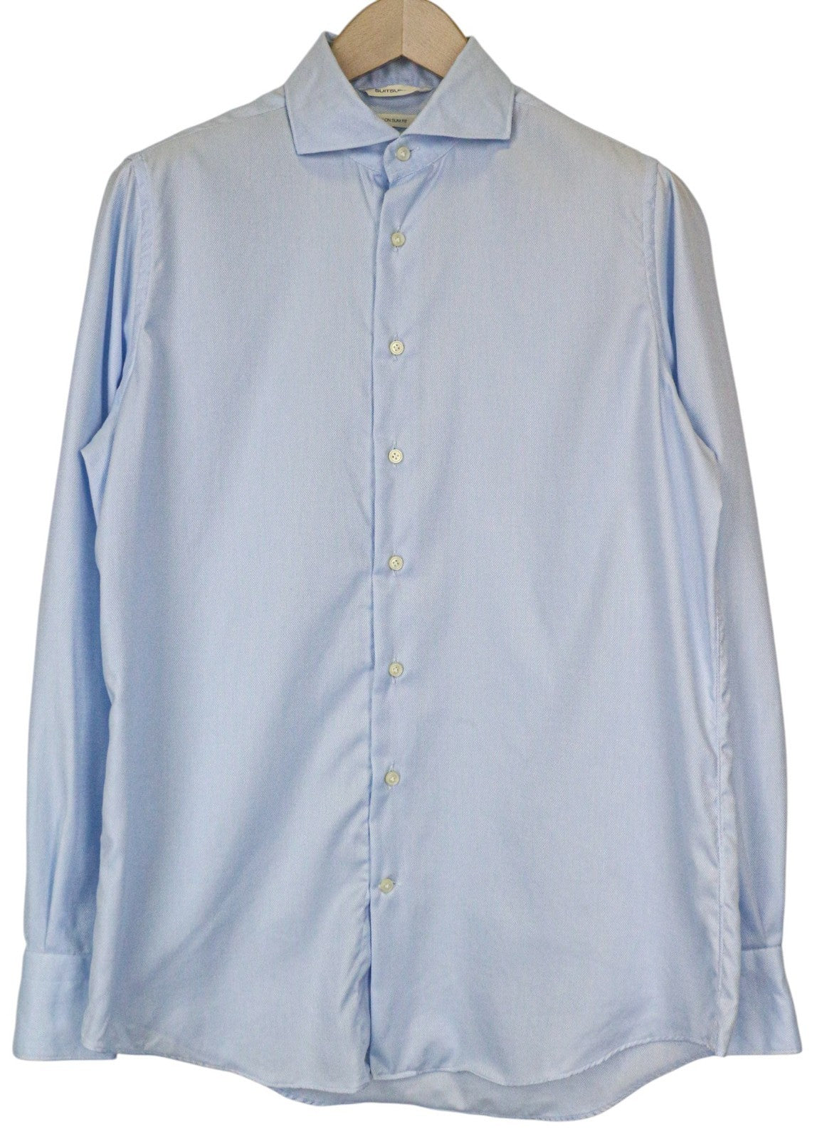 SUITSUPPLY Men Shirt 40/15 3/4 Slim Blue Pure Cotton Cutaway Button-Up Twill