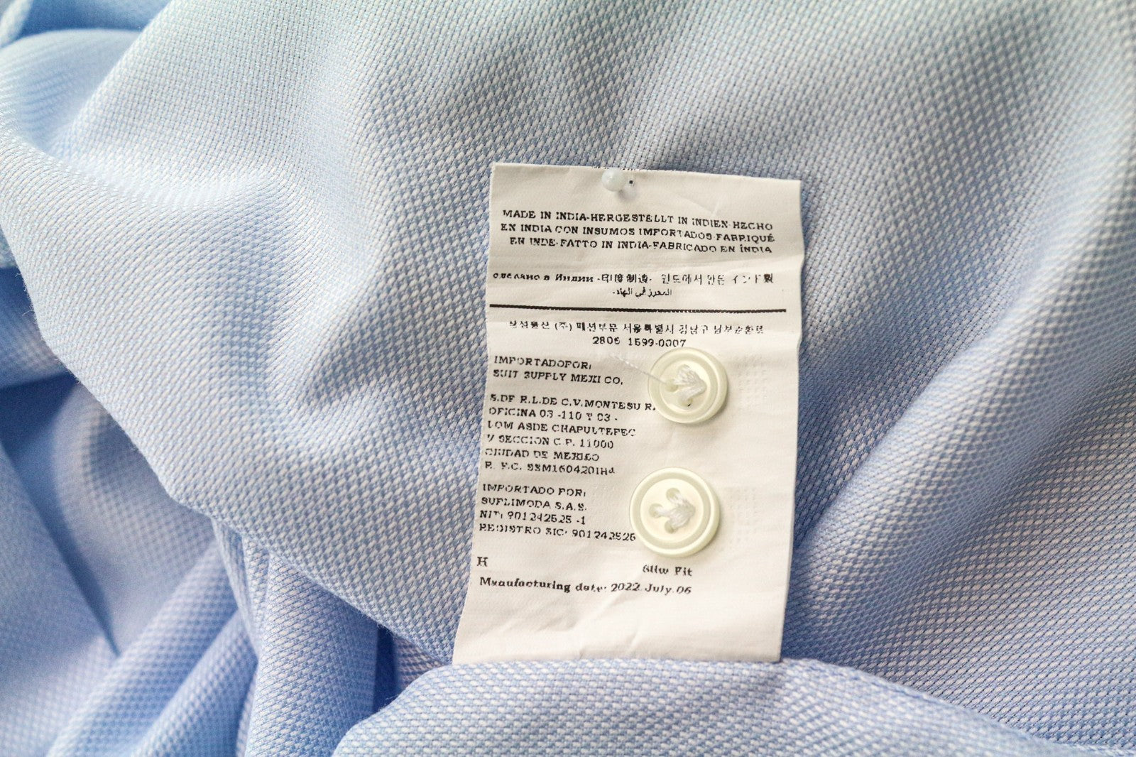 SUITSUPPLY Men Shirt 40/15 3/4 Slim Blue Pure Cotton Cutaway Button-Up Twill