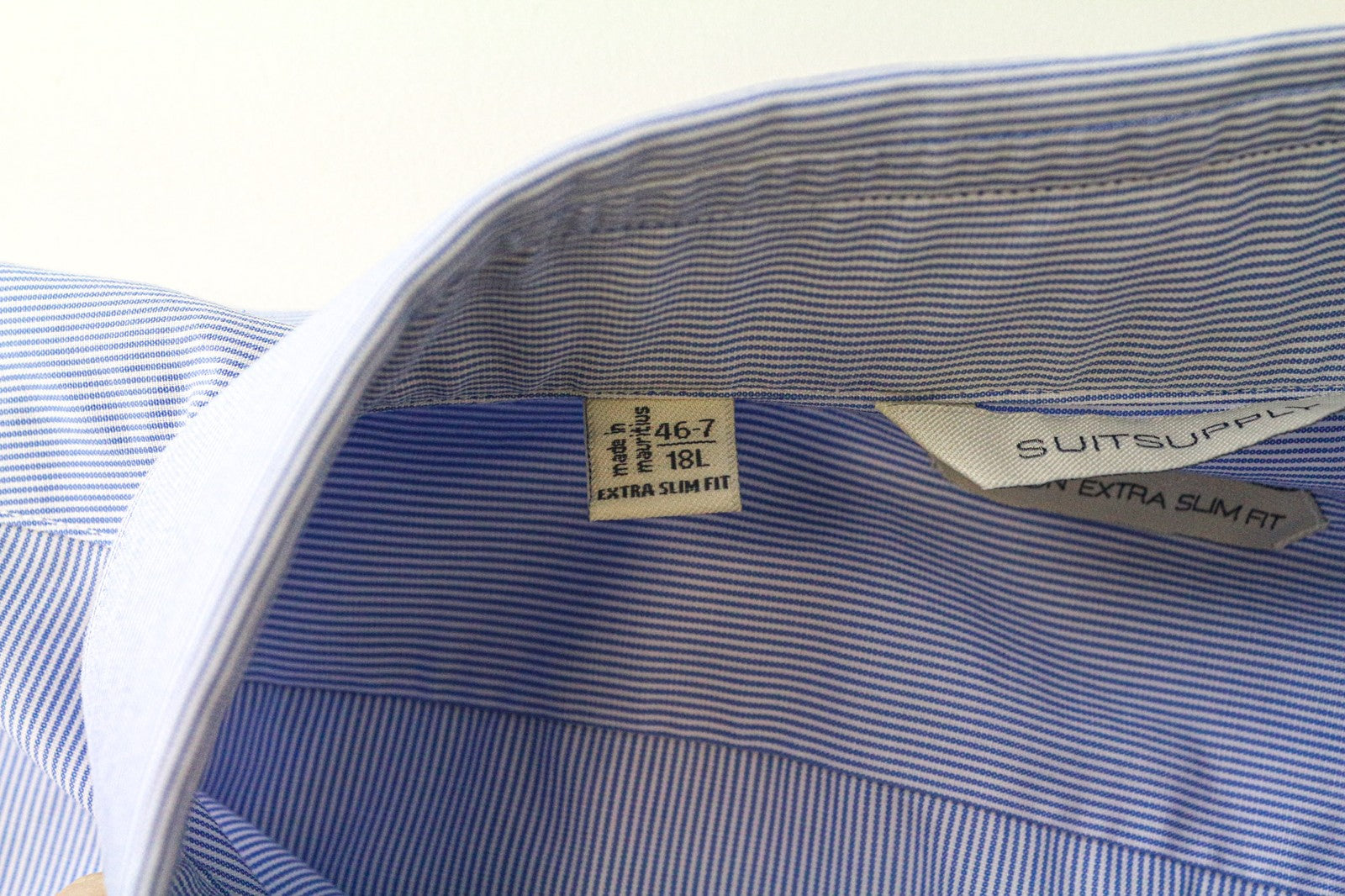SUITSUPPLY Men Shirt 46-7/18L Extra Slim Blue Pure Cotton Stripe Pattern Cutaway