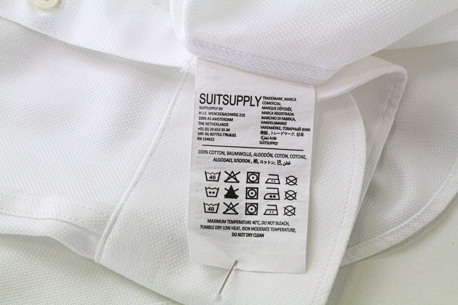 SUITSUPPLY Traveller Men Shirt 40/15 3/4 Slim White Pure Cotton Button-Up Formal