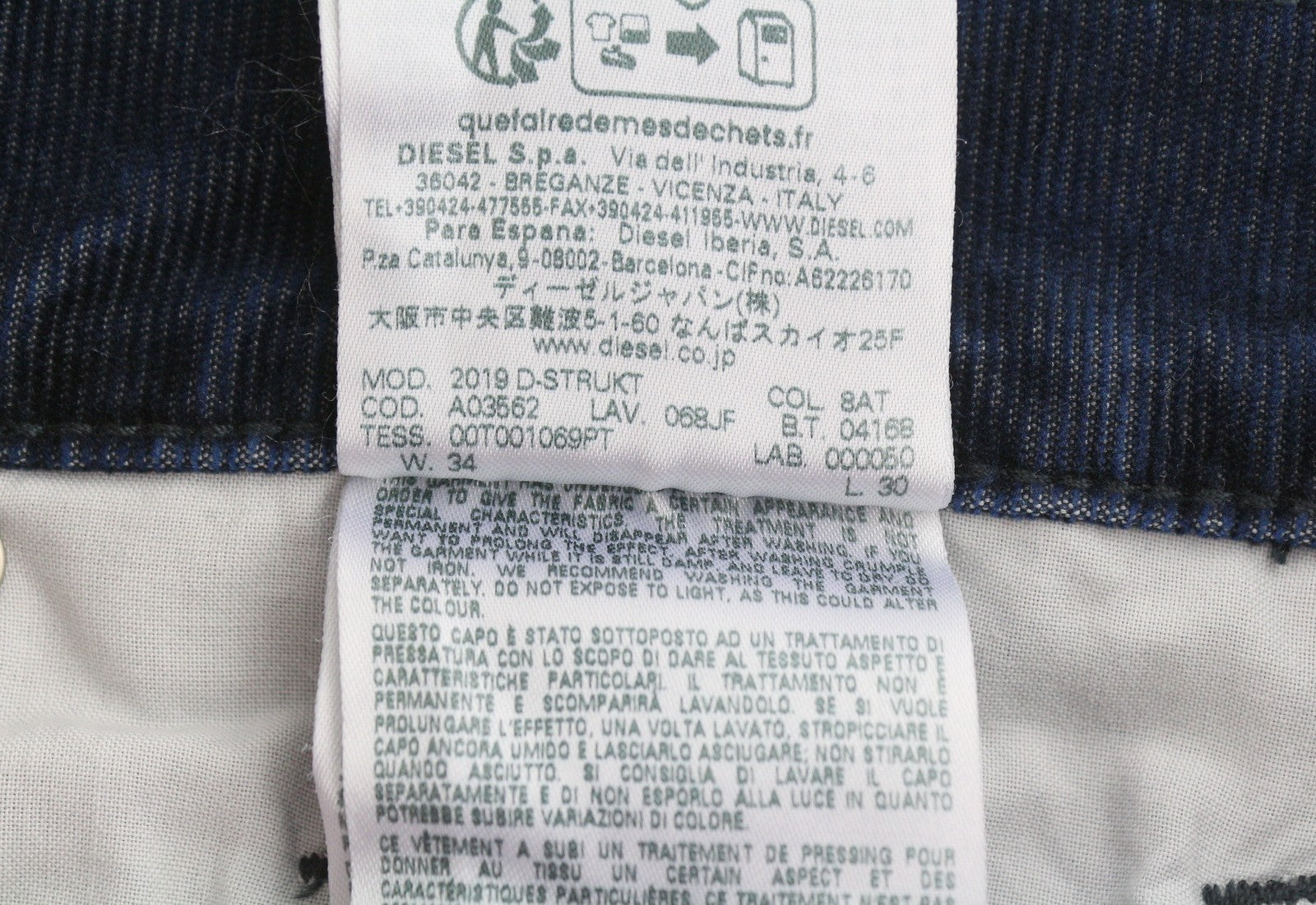 DIESEL 2019 D-Strukt 068JF Men Trousers W34/L30 Blue Corduroy Slim Fit RRP225