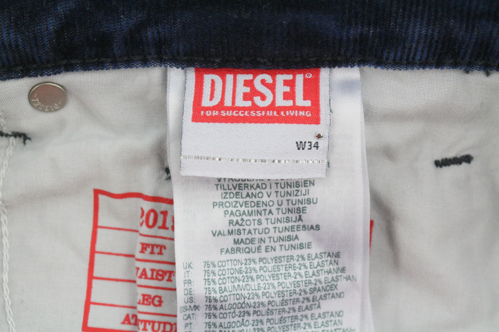 DIESEL 2019 D-Strukt 068JF Men Trousers W34/L30 Blue Corduroy Slim Fit RRP225