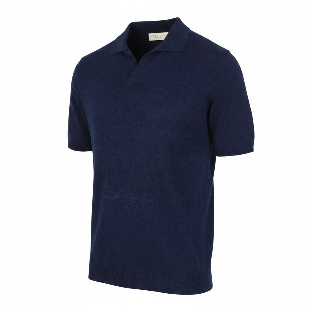 FILIPPO DE LAURENTIIS Men Polos IT48 S Dark Blue Linen Blend Short Sleeve