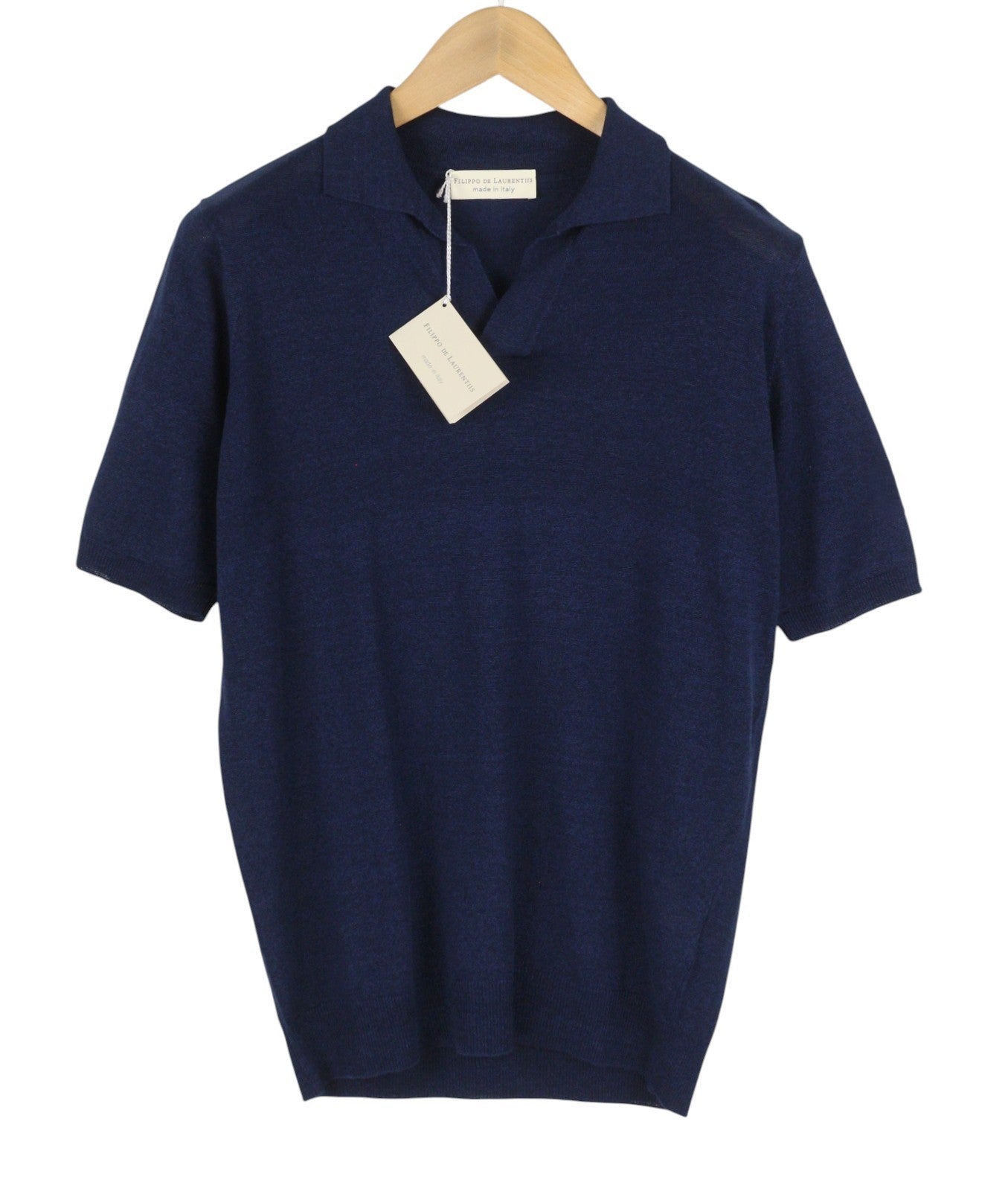 FILIPPO DE LAURENTIIS Men Polos IT48 S Dark Blue Linen Blend Short Sleeve