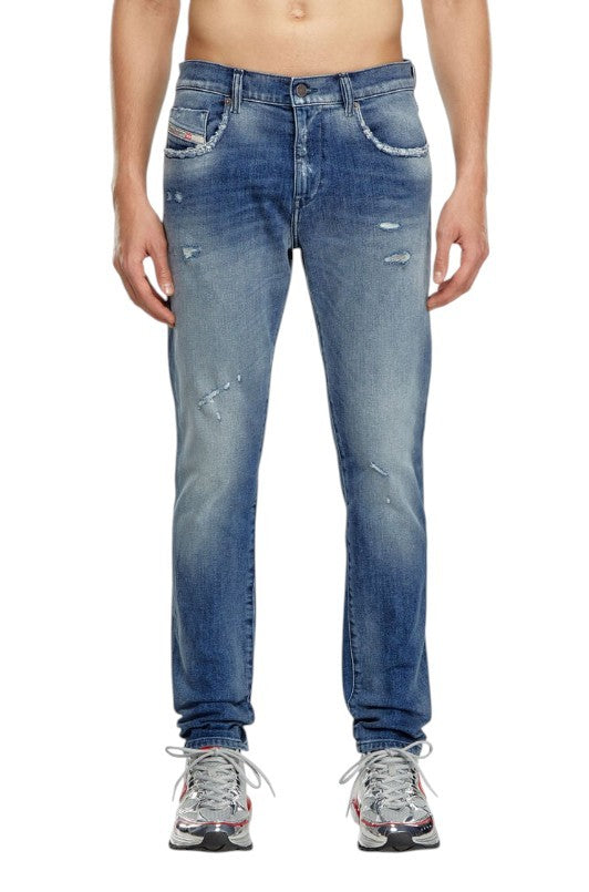 DIESEL 2019 D-Strukt 09J61 Men Jeans W38/L34 Blue Faded Distress Slim RRP195