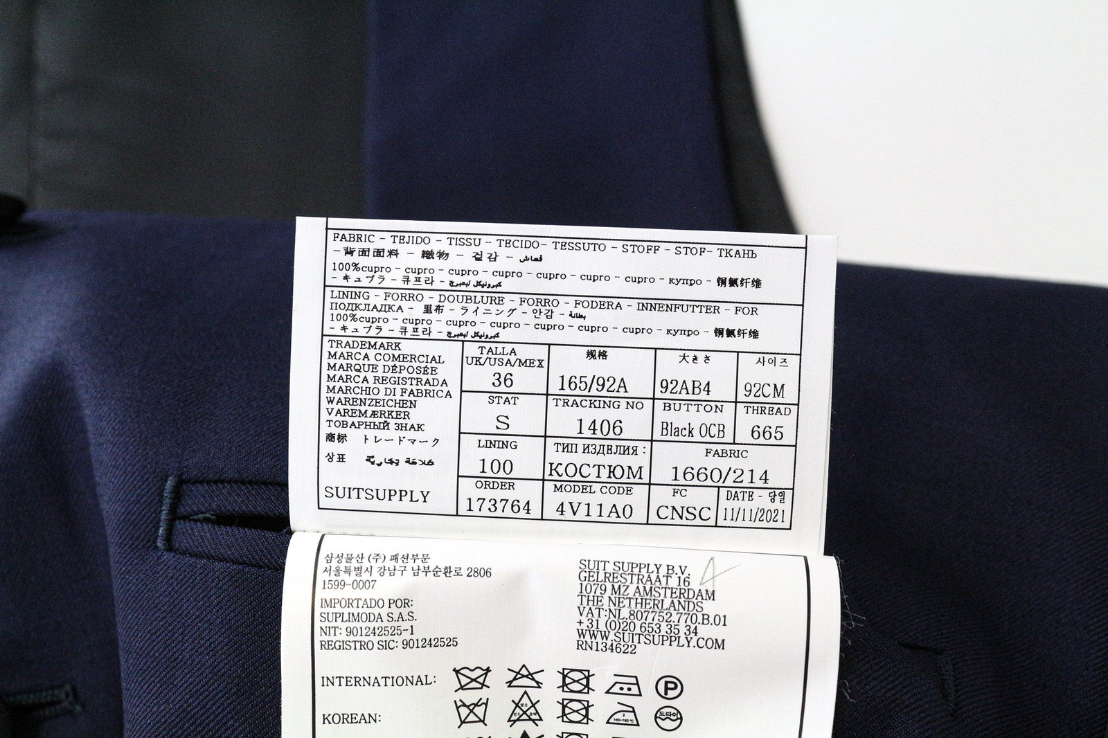 SUITSUPPLY U-Neck Men Suit UK36S Navy Slim 2-Piece Pure Wool Tuxedo Classic