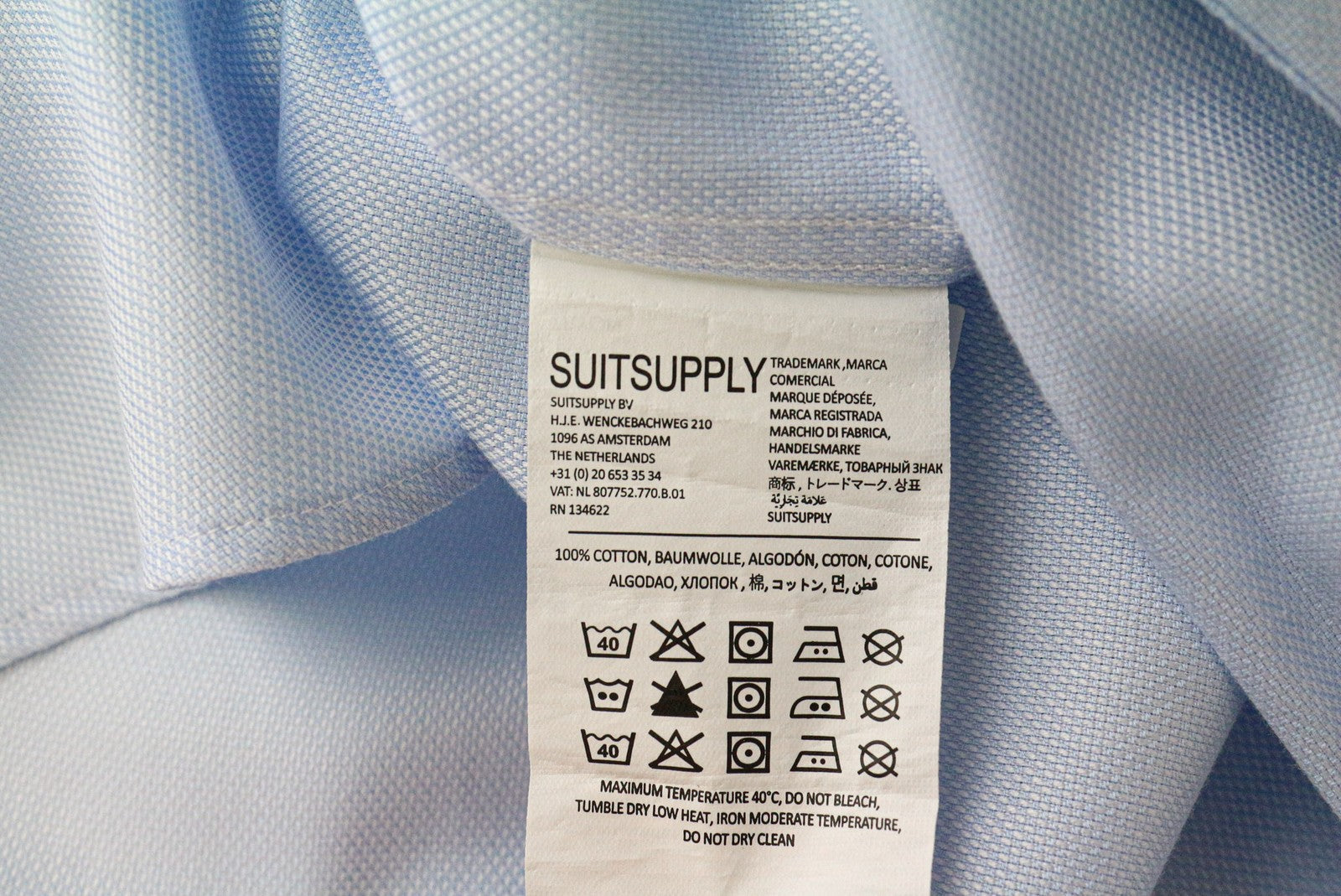 SUITSUPPLY Men Shirt 40L/15 3/4L Slim Fit Long Sleeve Classic Blue Pure Cotton