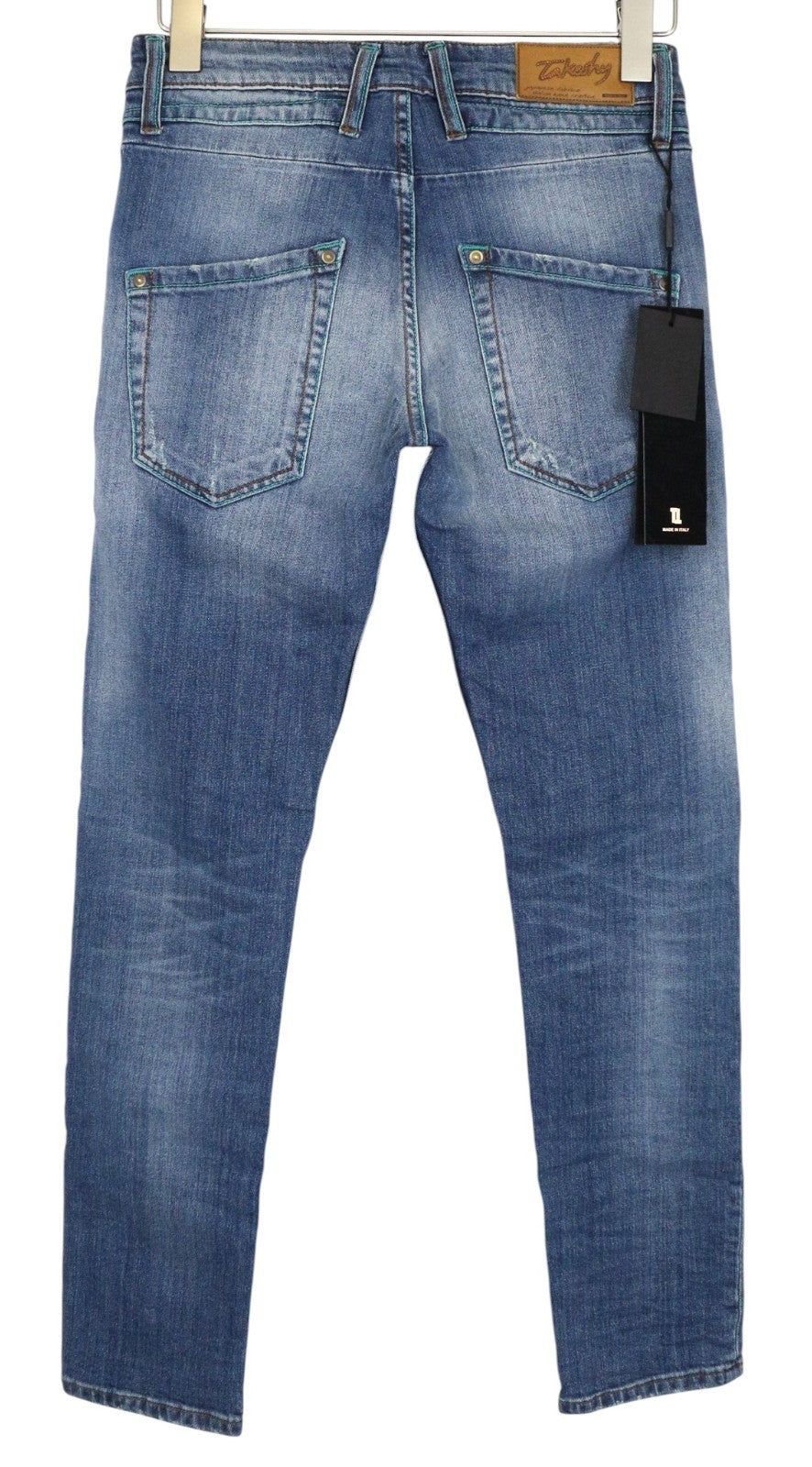 TAKESHY KUROSAWA TK75 Men Jeans W30 Blue Slim Fit Distressed Stretch Button