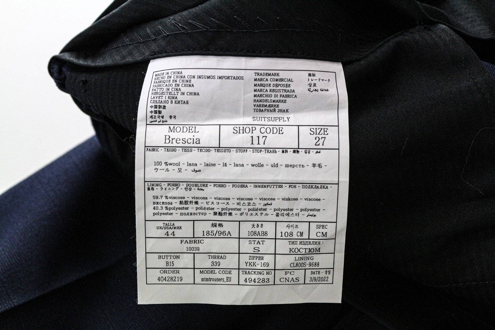 SUITSUPPLY Brescia Men Trousers UK44S Blue Slim Glen Check Wool Turn-Up Pleated
