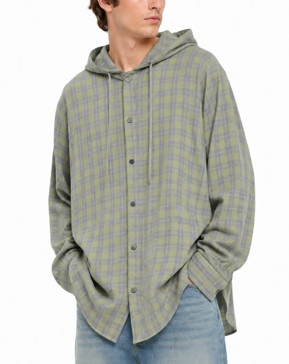 DIESEL S-Dewny-Hood-B Men Shirt 50 Green Plaid Flannel Hooded Overshirt RRP275