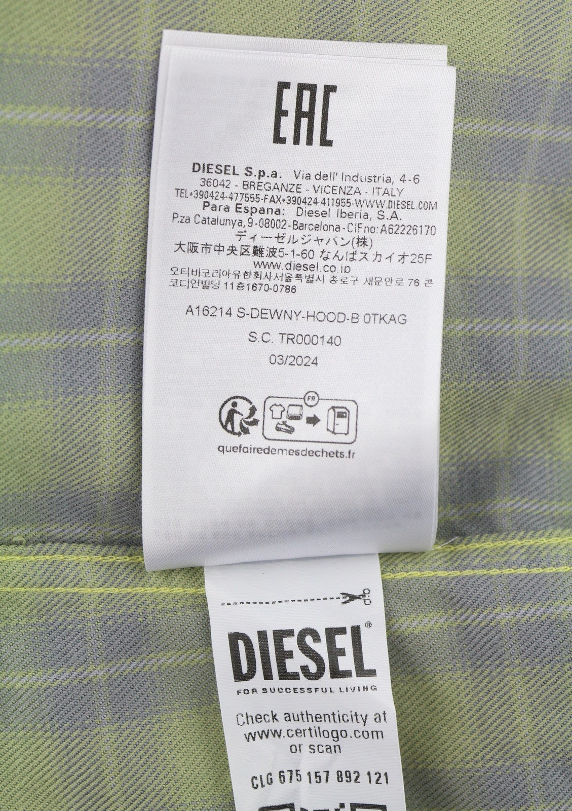 DIESEL S-Dewny-Hood-B Men Shirt 50 Green Plaid Flannel Hooded Overshirt RRP275