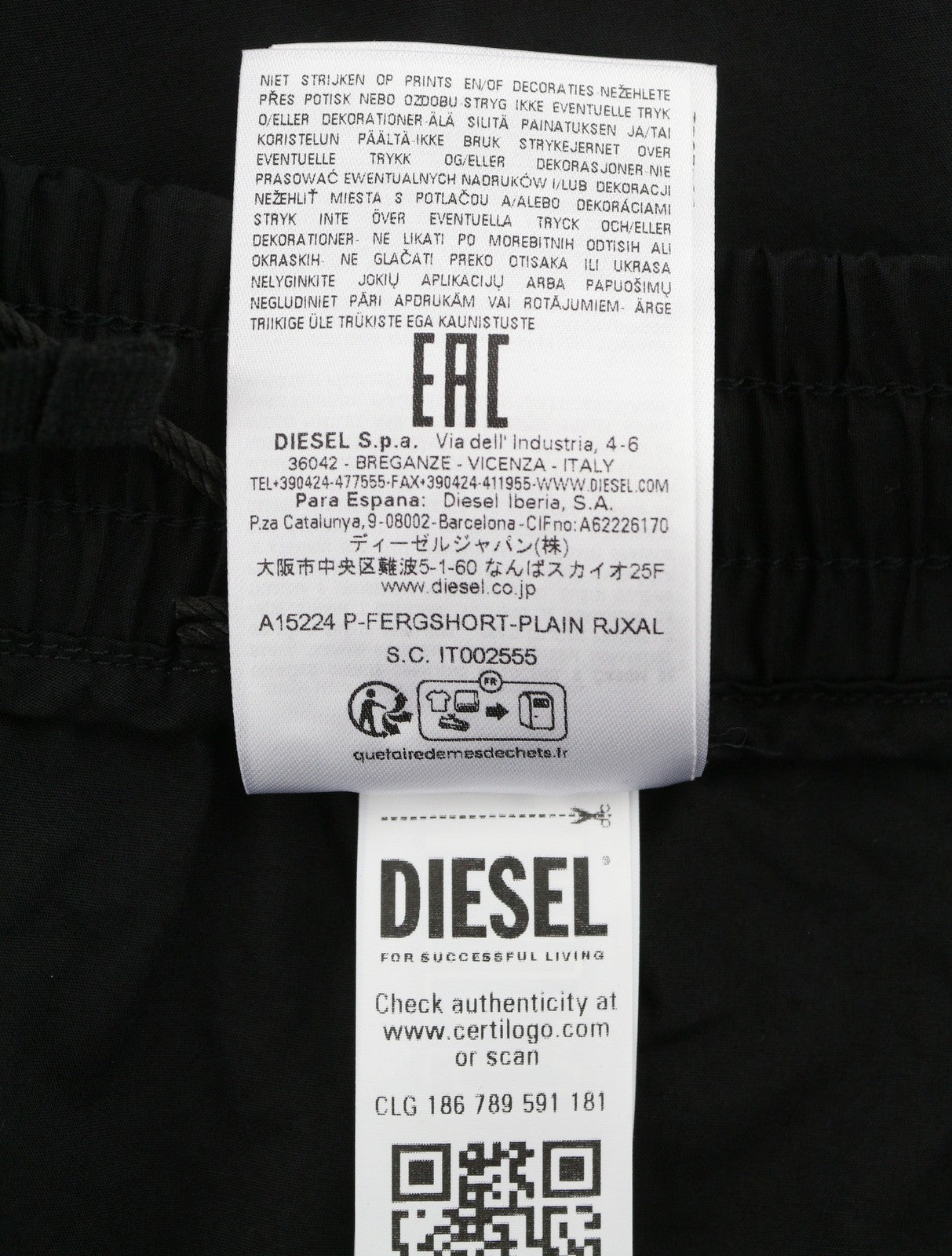 DIESEL P-Fergshort-Plain Men Shorts 54 W36 Black Elastic Drawstring Waist RRP175