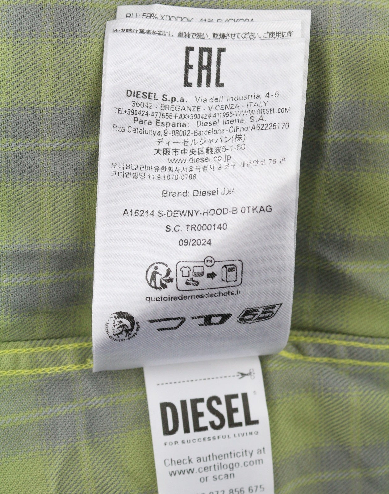 DIESEL S-Dewny-Hood-B Men Shirt 52 Green Plaid Flannel Hooded Overshirt RRP275