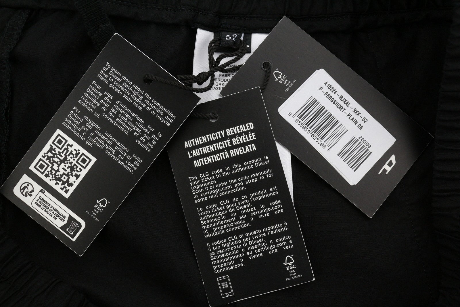 DIESEL P-Fergshort-Plain Men Shorts 52 W34 Black Elastic Drawstring Waist RRP175