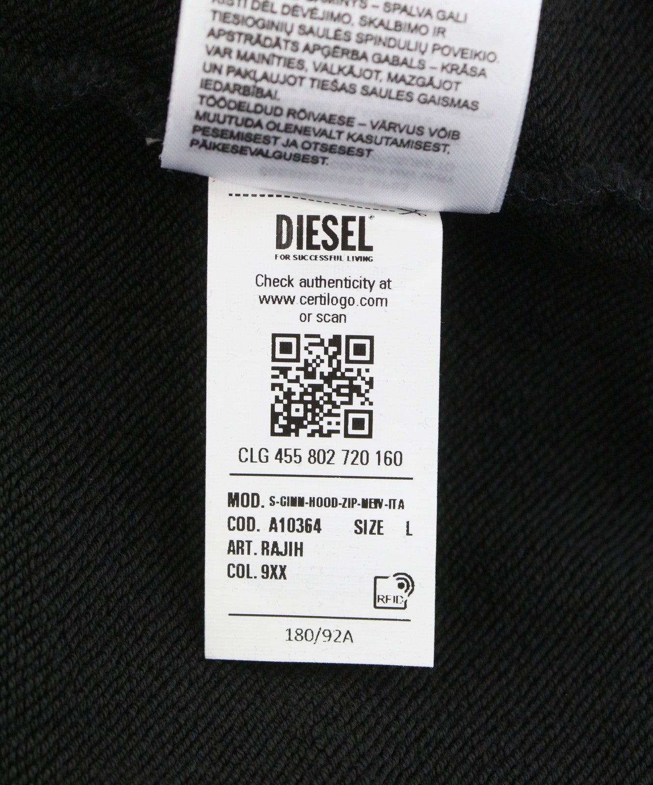DIESEL S-Ginn-Hood-Zip-New -ITA Men Hoodie L Black Logo Full Zip RRP160