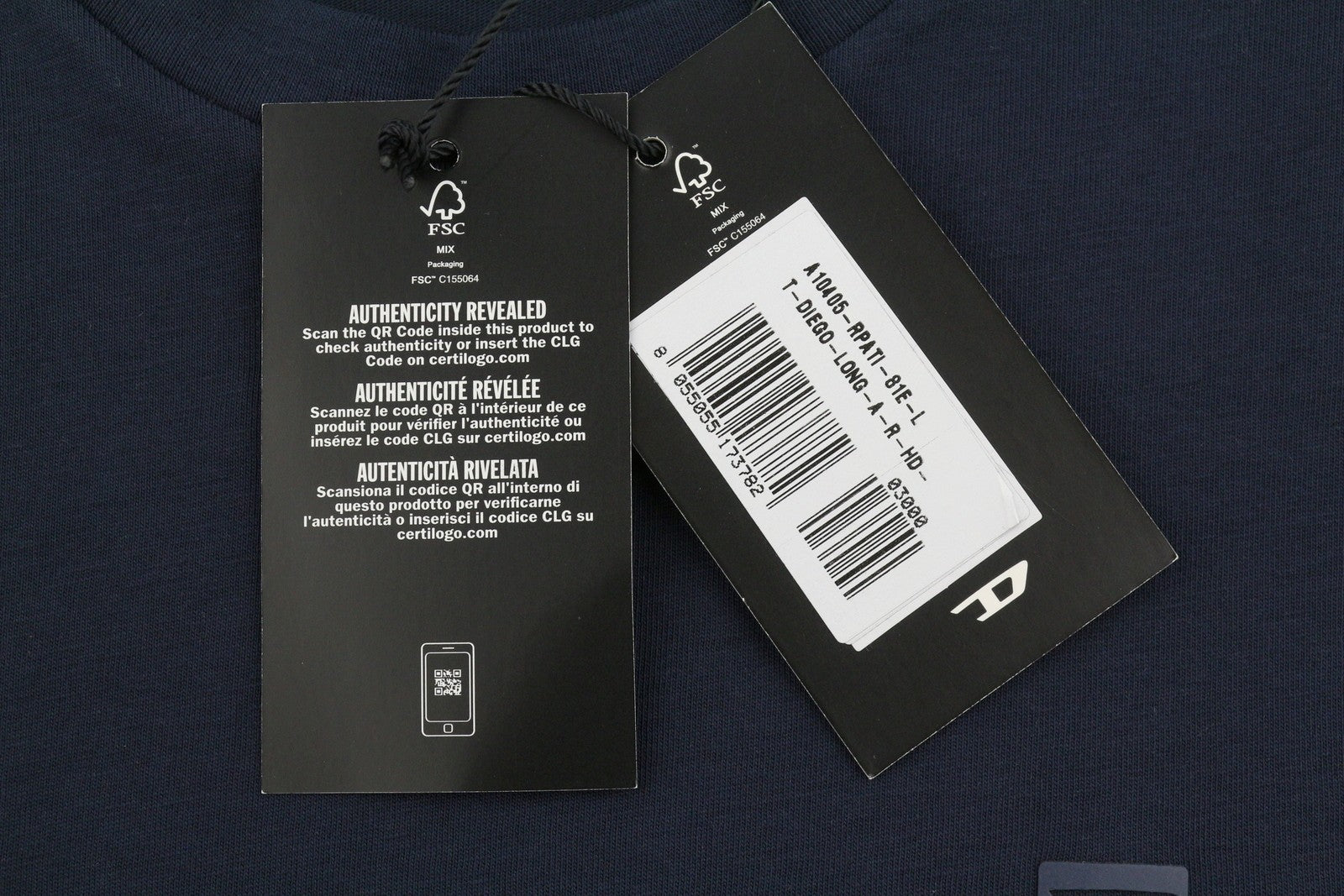 DIESEL T-Diego-Long-A-R-HD Men T-Shirt L Dark Blue Crew Neck Pull On