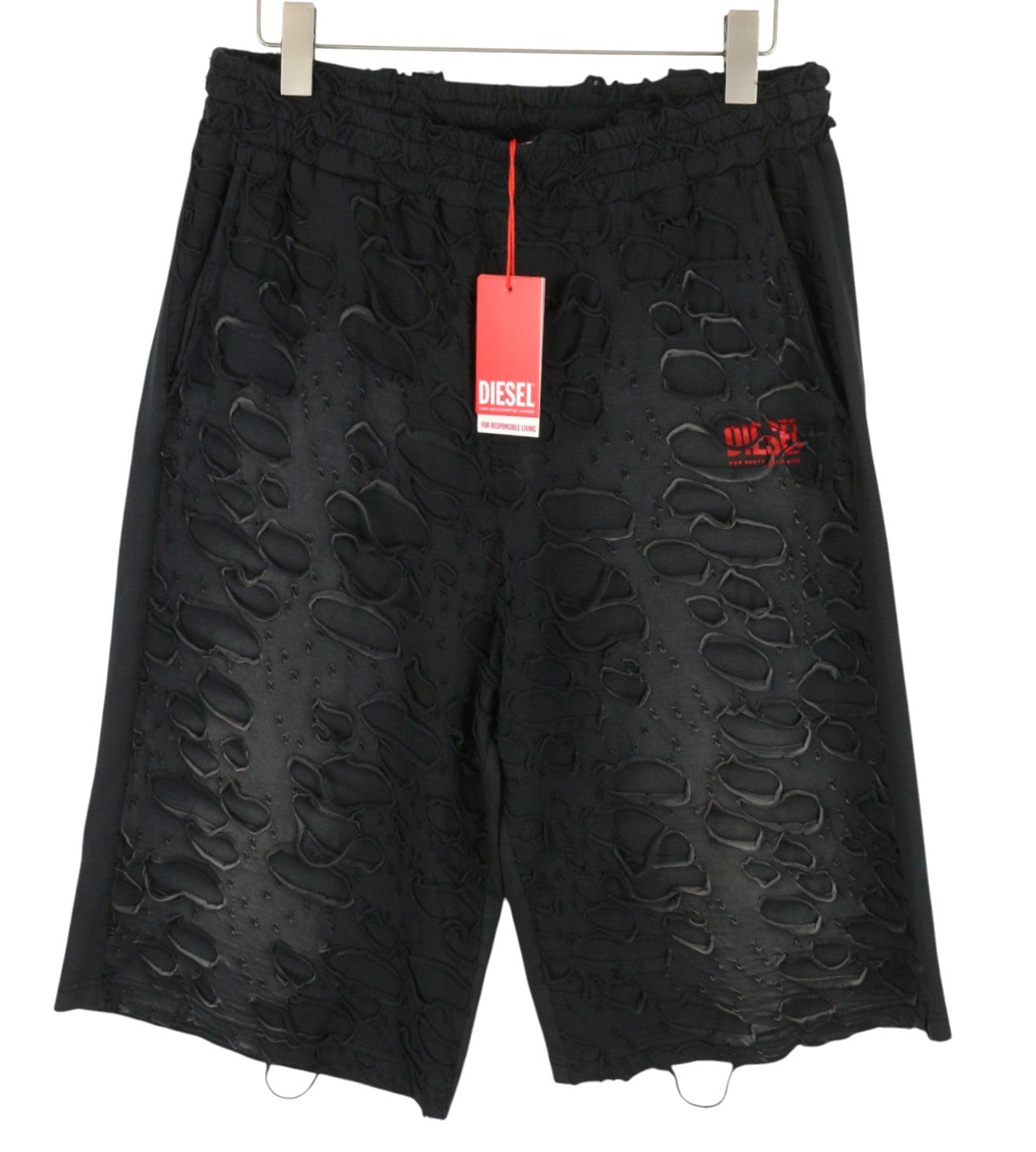DIESEL P-Echio-R1 Men Shorts L Black Faded Ripped Loose Wide Fit RRP195