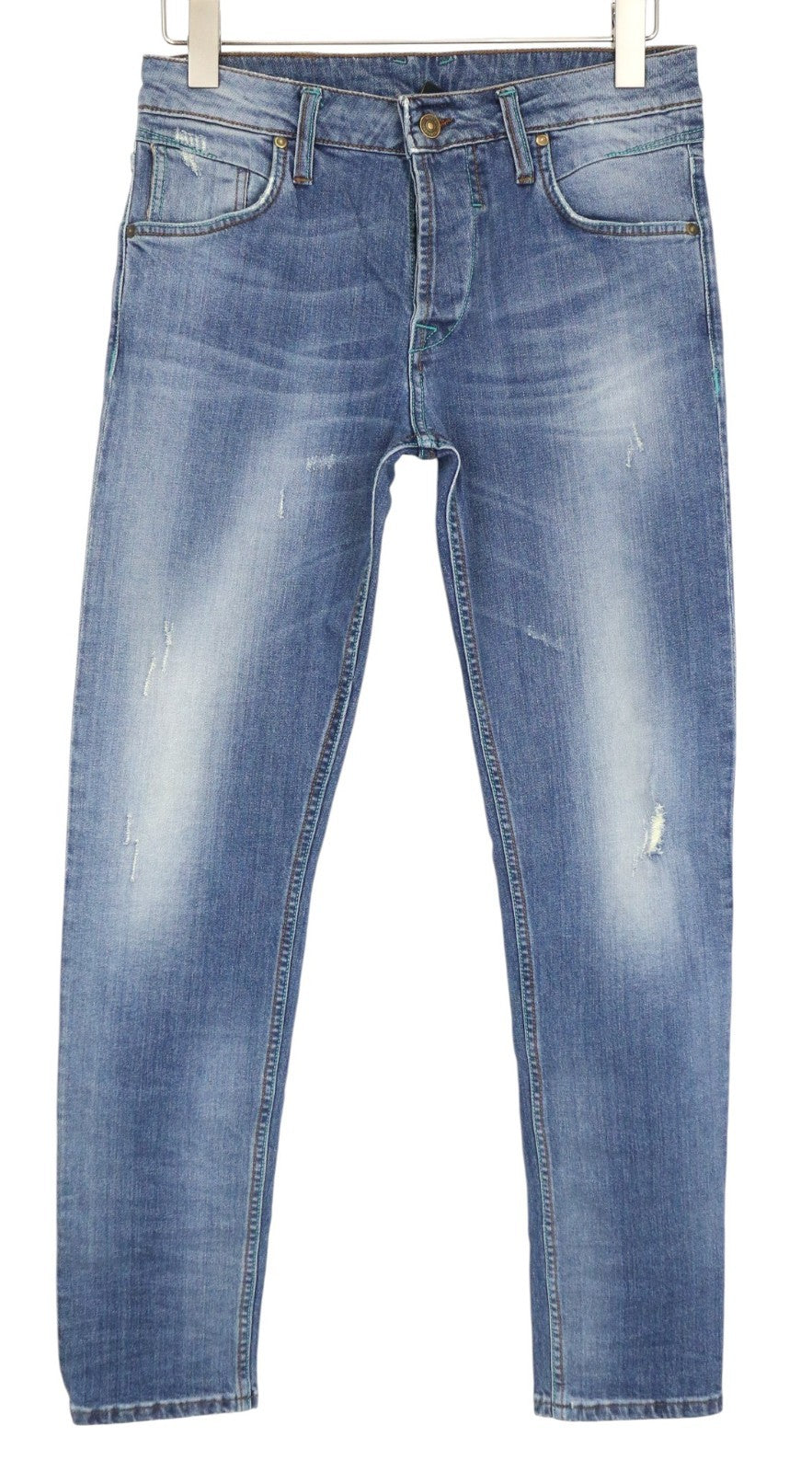TAKESHY KUROSAWA TK75 Men Jeans W34 Button-Fly Stretch Blue Slim Distressed