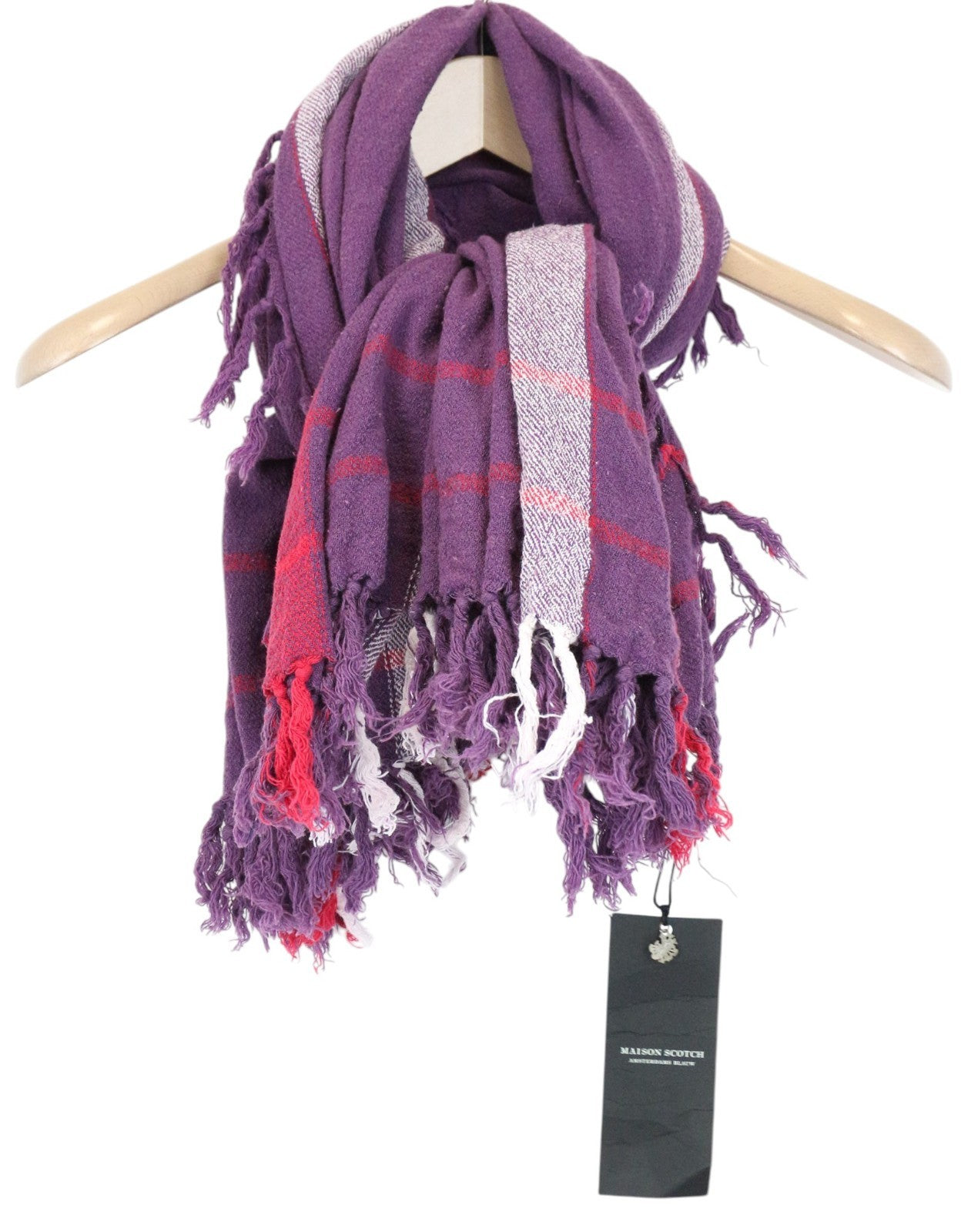 MAISON SCOTCH Women Scarf One Size Purple Tartan Check Tassels Woven Twill