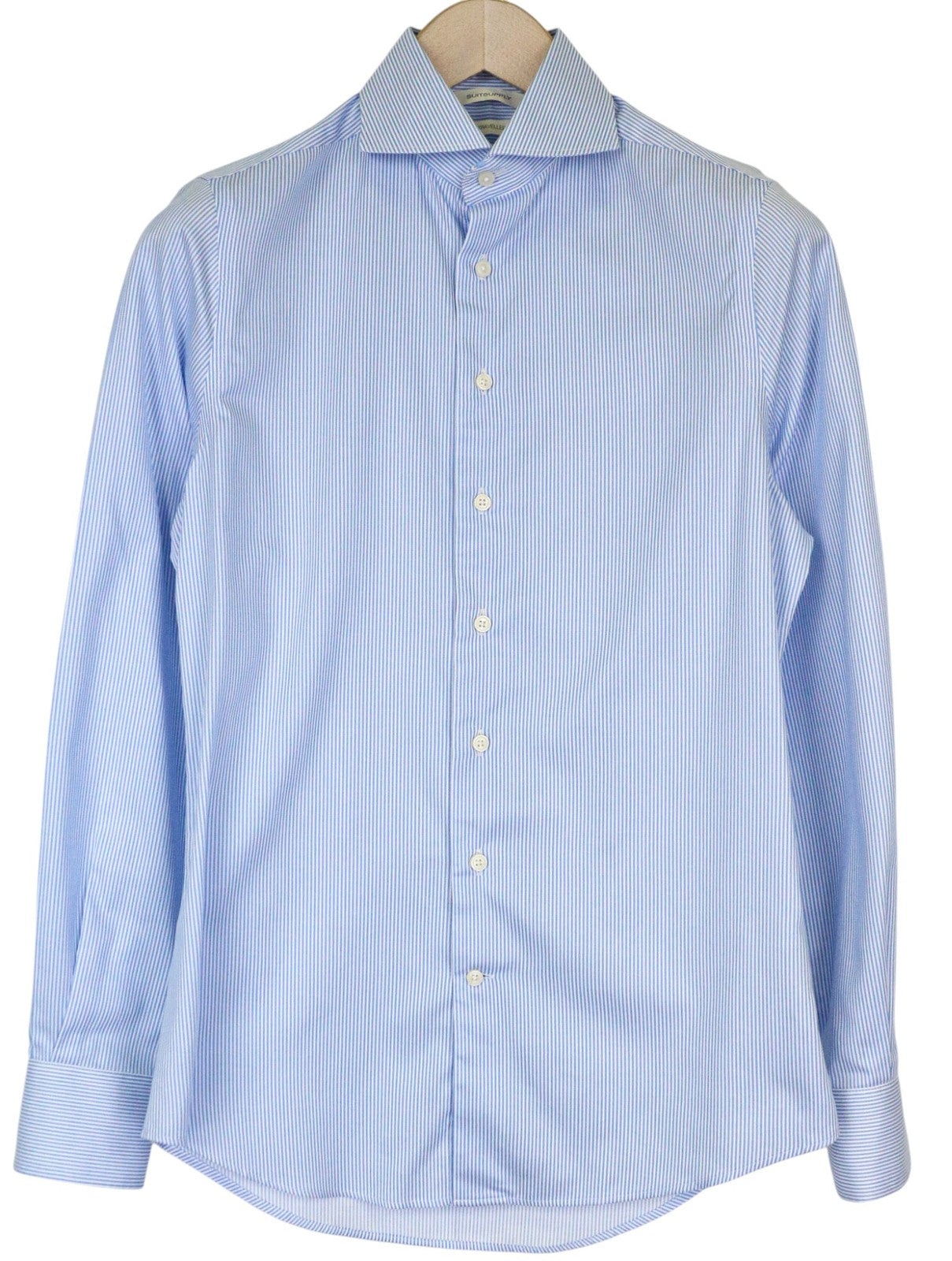 SUITSUPPLY Traveller Men Shirt 36/14 Extra Slim Blue Cotton Stretch Striped