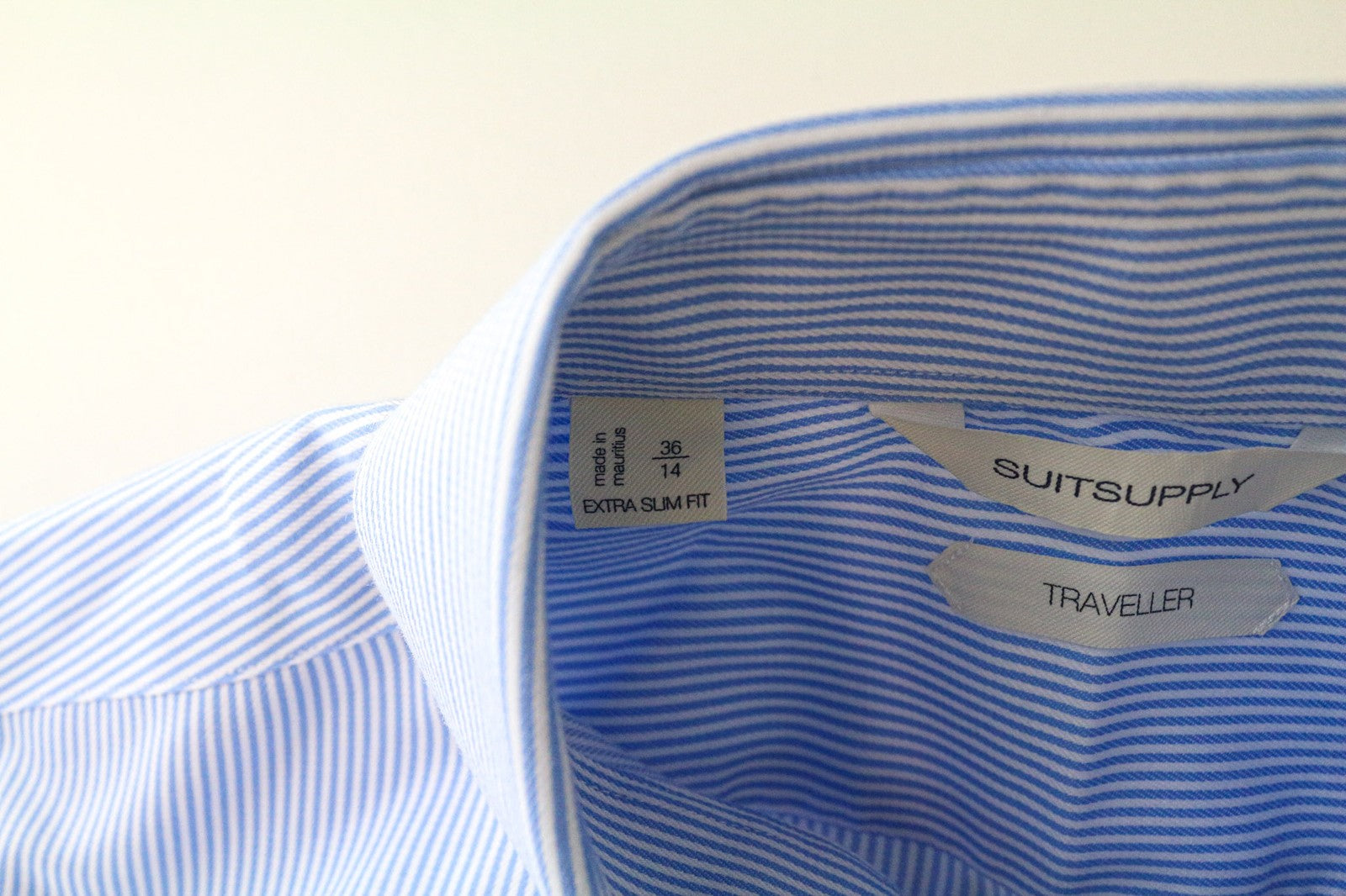 SUITSUPPLY Traveller Men Shirt 36/14 Extra Slim Blue Cotton Stretch Striped