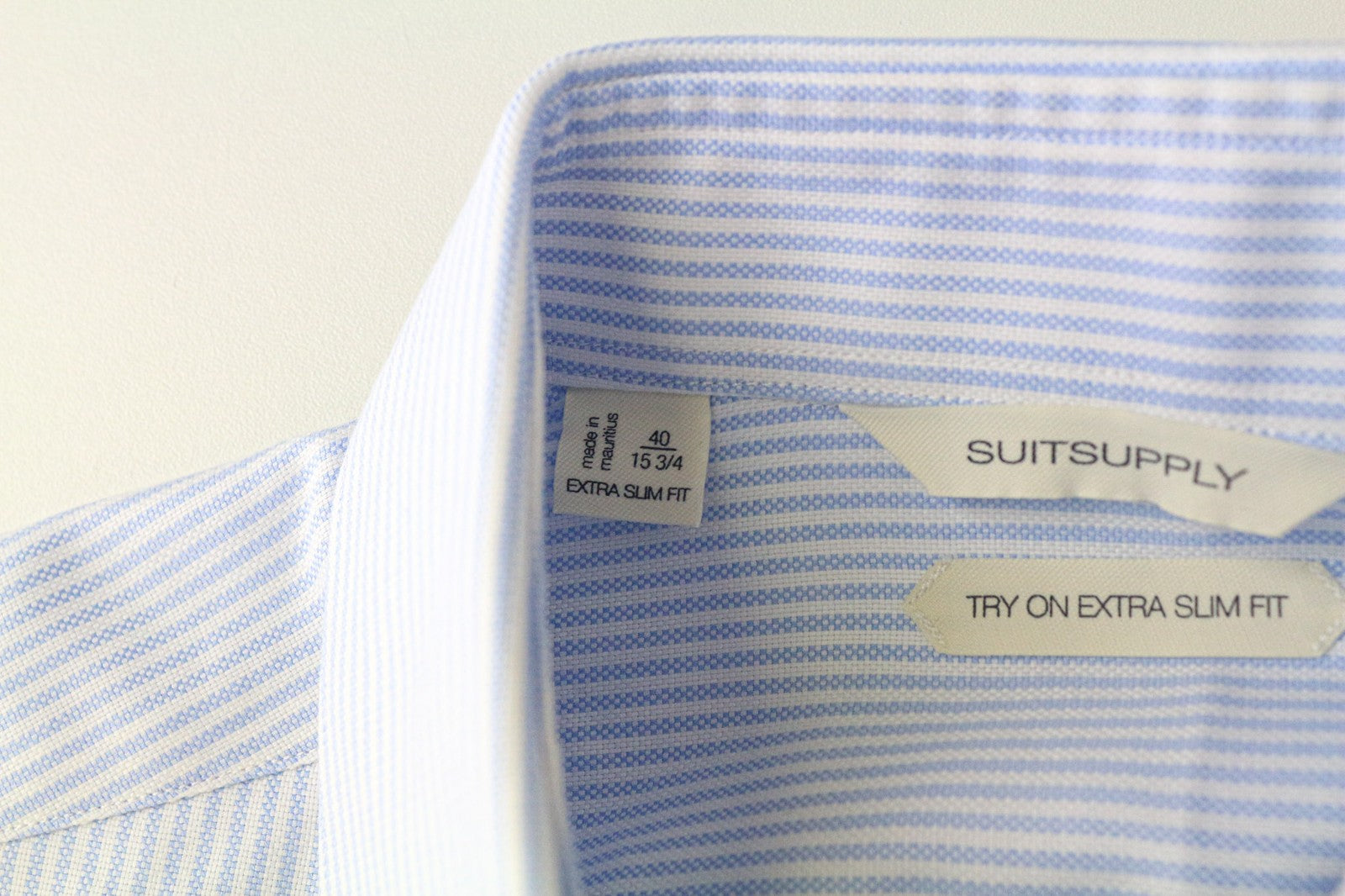 SUITSUPPLY Men Shirt 40/15 3/4 Extra Slim Blue Cotton Stretch Striped Twill