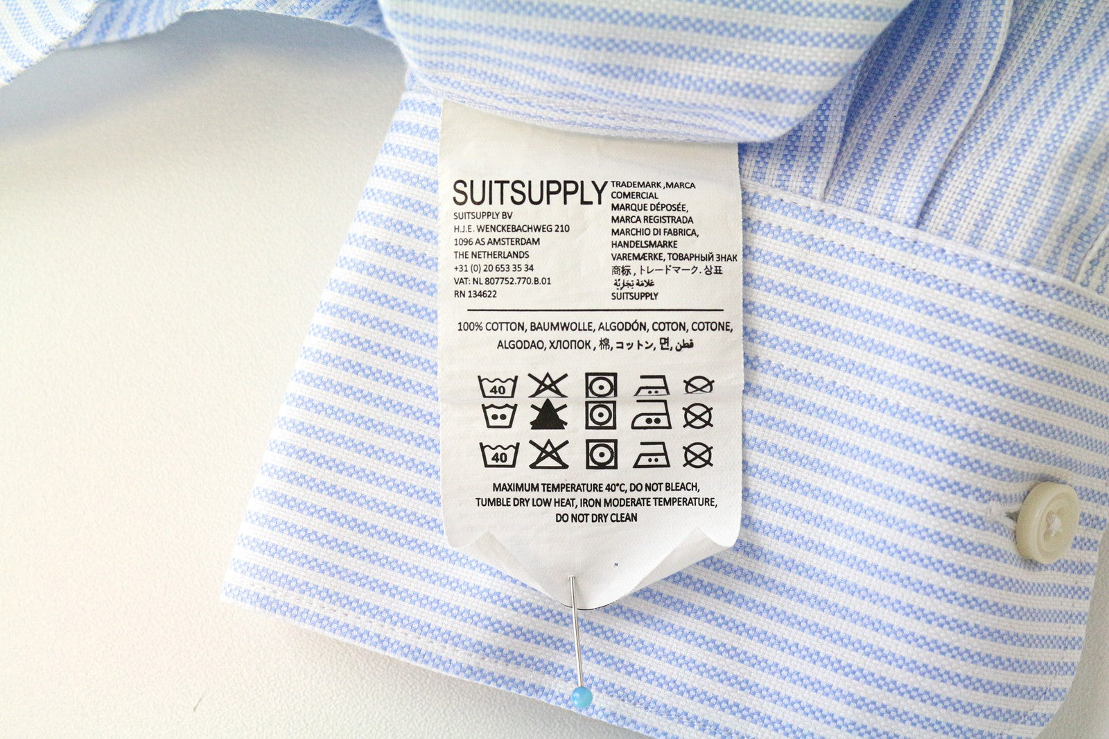 SUITSUPPLY Men Shirt 40/15 3/4 Extra Slim Blue Cotton Stretch Striped Twill