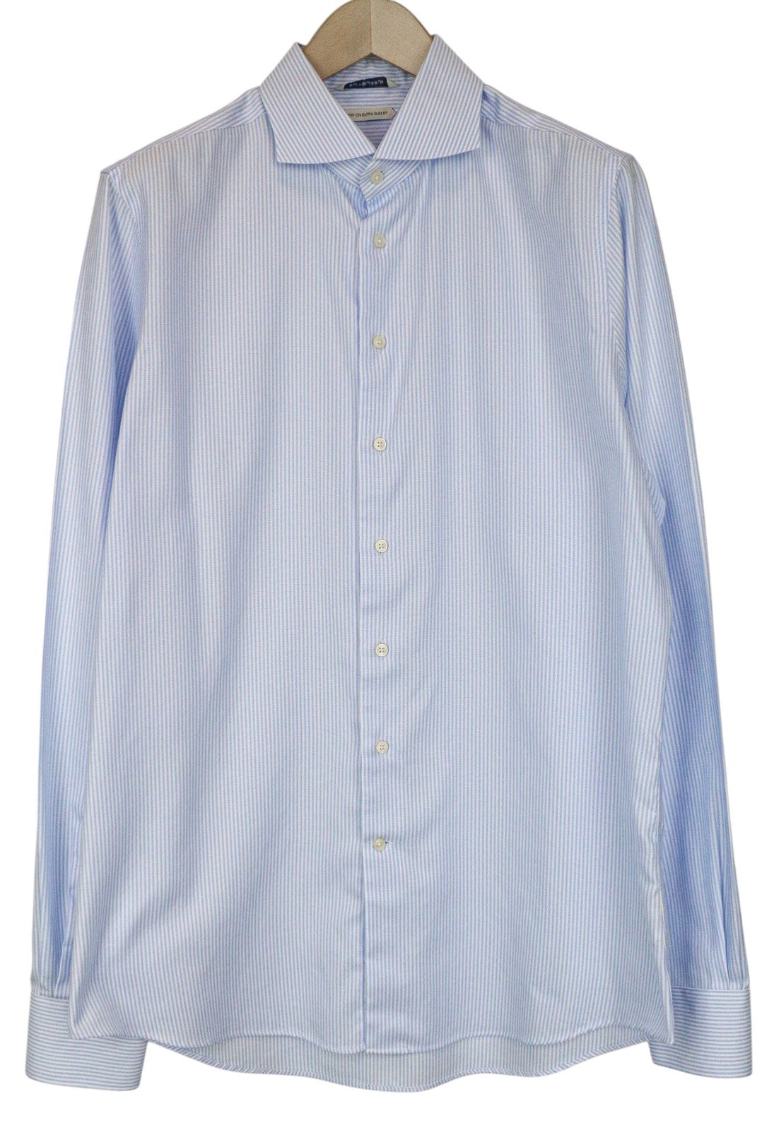 SUITSUPPLY Men Shirt 43L/17L Extra Slim Blue Pure Cotton Striped Long Sleeve