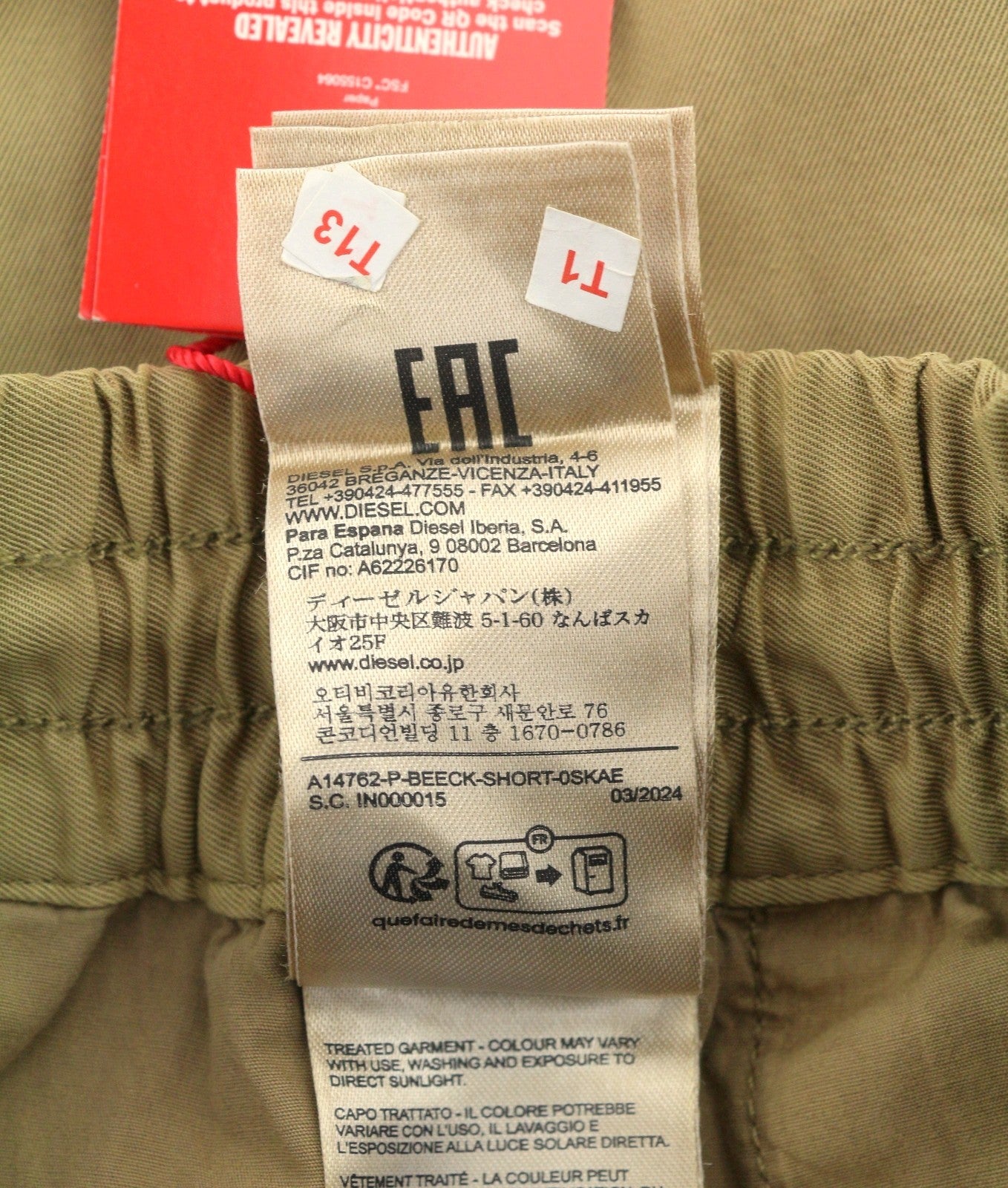 DIESEL P-Beeck-Short Men Shorts 54 W36 Brown Elastic Waist Cargo RRP195