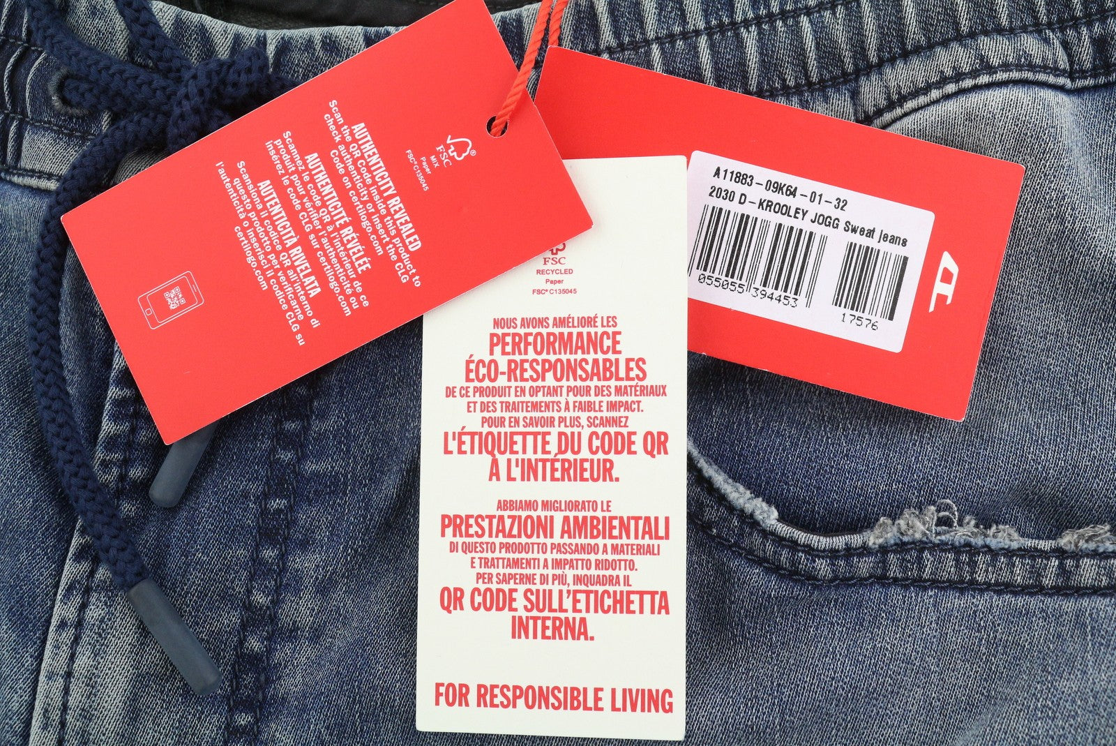 DIESEL 2030 D-Krooley Jogg 09K64 Men Jeans W32 Blue Faded Distressed RRP325
