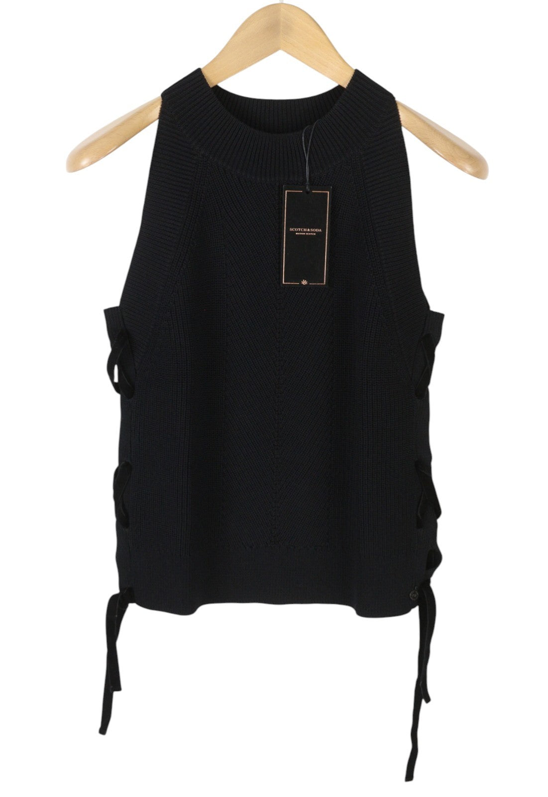 MAISON SCOTCH Women T-Shirt XL Black Tight Knit Side Strap Sleeveless