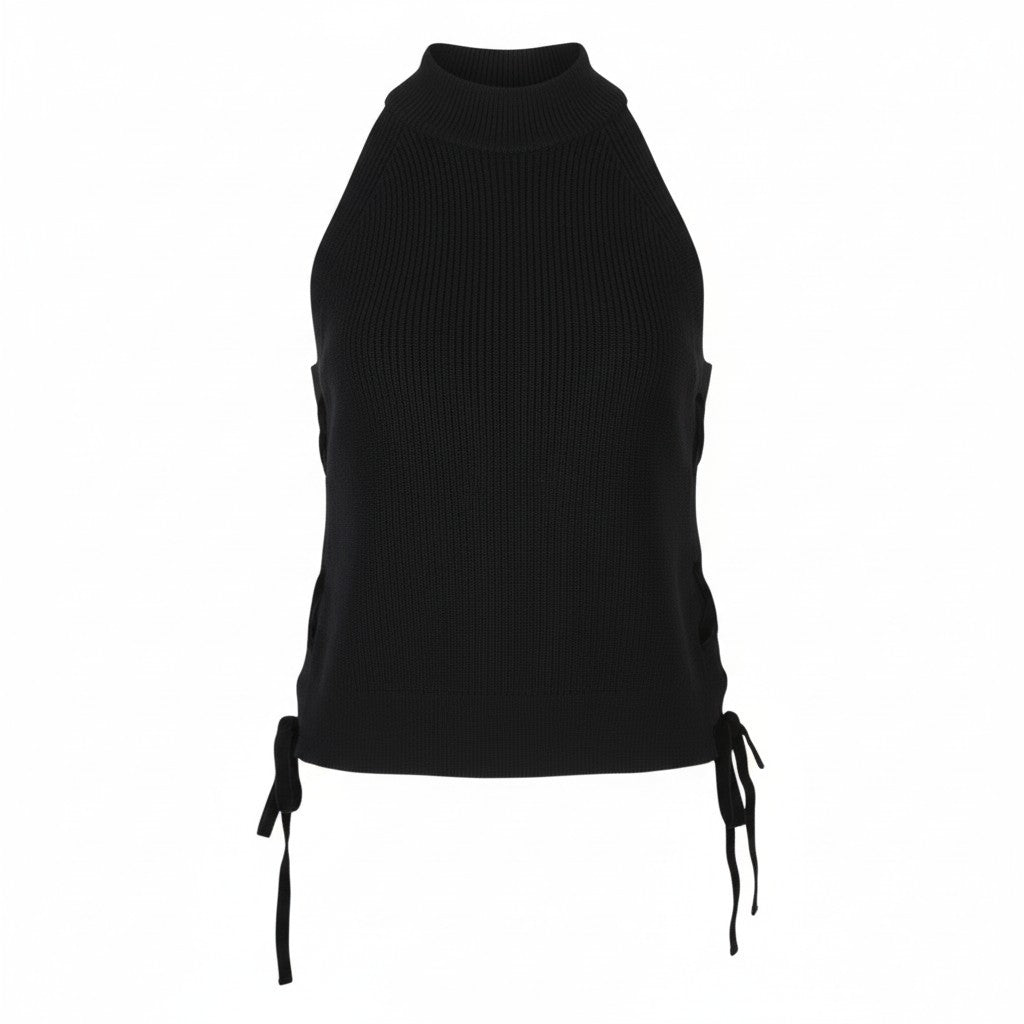 MAISON SCOTCH Women T-Shirt XL Black Tight Knit Side Strap Sleeveless
