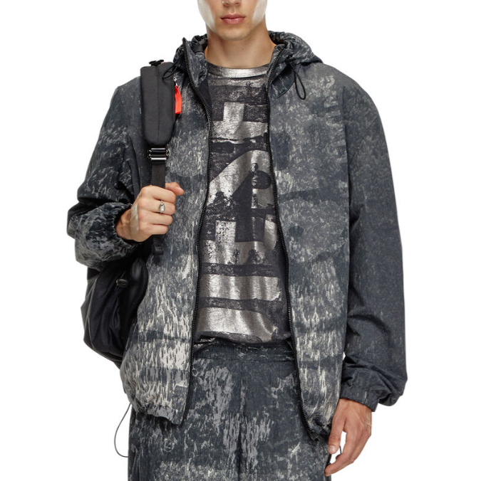 DIESEL J-Brick Men Jacket 54 Black Camo Print Windbreaker Lightweight RRP295