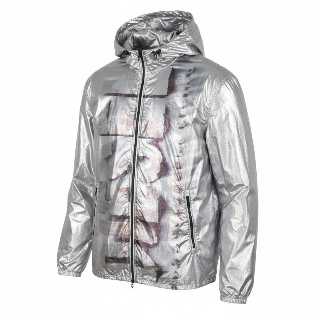 DIESEL J-Otte Men Jacket 52 Shiny Silver Hooded Windbreaker Lightweight RRP295