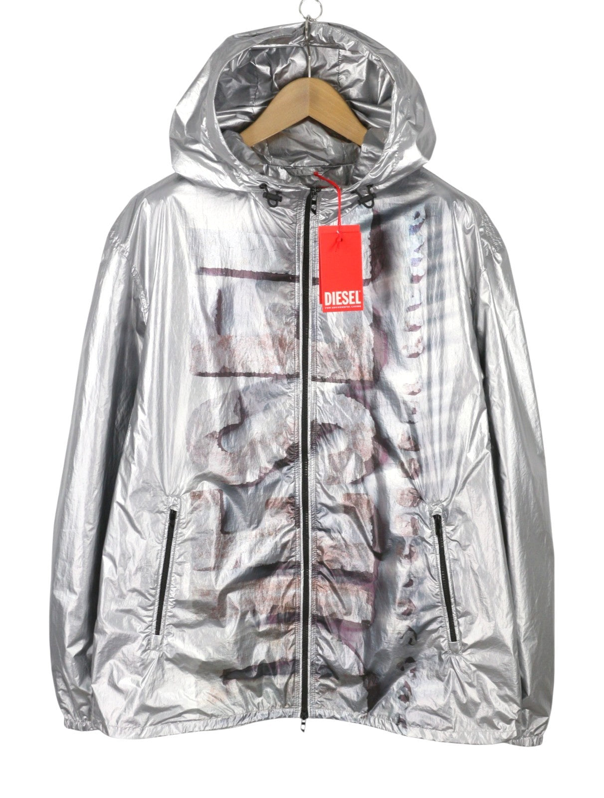 DIESEL J-Otte Men Jacket 52 Shiny Silver Hooded Windbreaker Lightweight RRP295