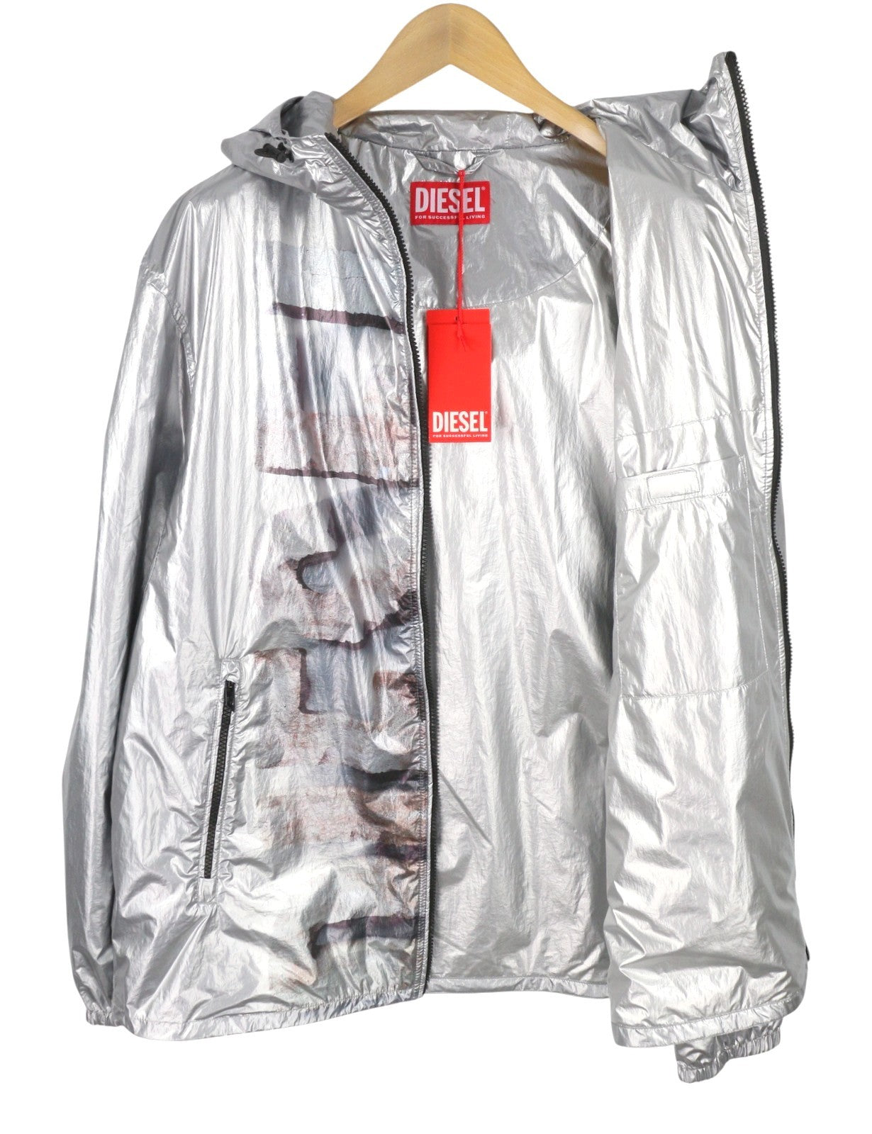 DIESEL J-Otte Men Jacket 52 Shiny Silver Hooded Windbreaker Lightweight RRP295