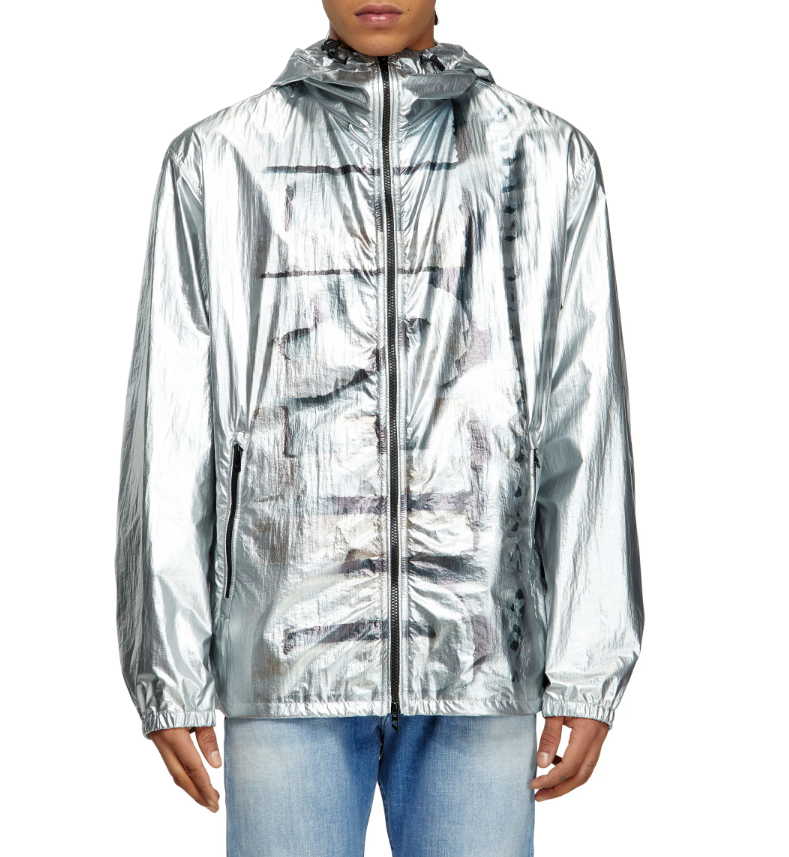 DIESEL J-Otte Men Jacket 54 Shiny Silver Hooded Windbreaker Lightweight RRP295