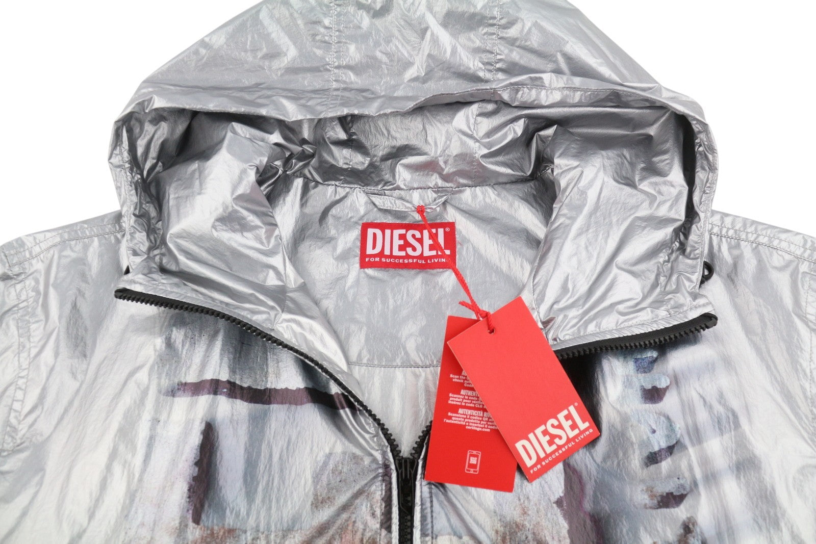 DIESEL J-Otte Men Jacket 54 Shiny Silver Hooded Windbreaker Lightweight RRP295