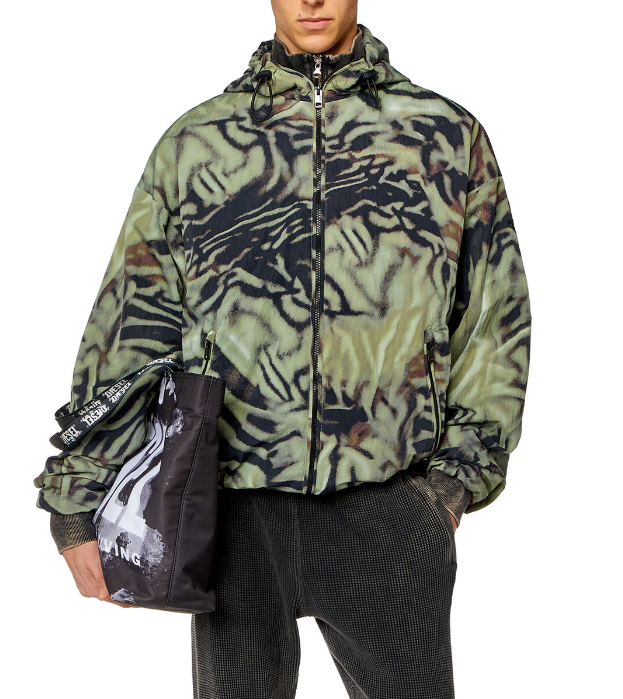 DIESEL J-Leopold-Zebra Men Jacket 54 Green Hooded Windbreaker Lightweight RRP275