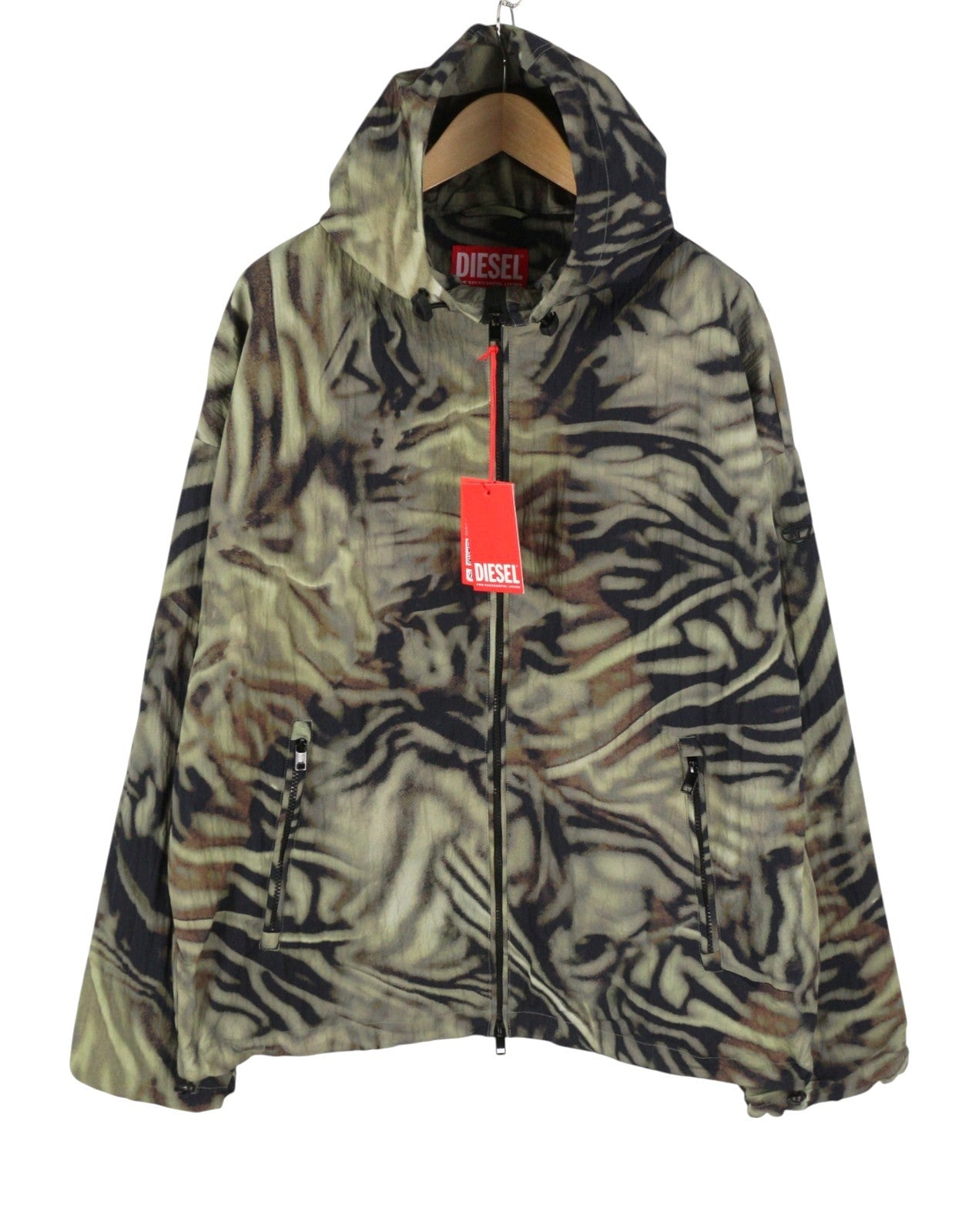 DIESEL J-Leopold-Zebra Men Jacket 54 Green Hooded Windbreaker Lightweight RRP275