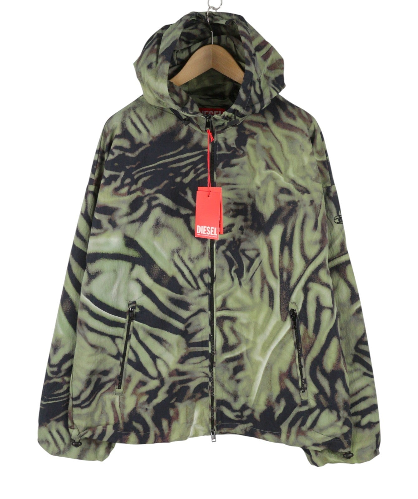 DIESEL J-Leopold-Zebra Men Jacket 56 Green Hooded Windbreaker Lightweight RRP275