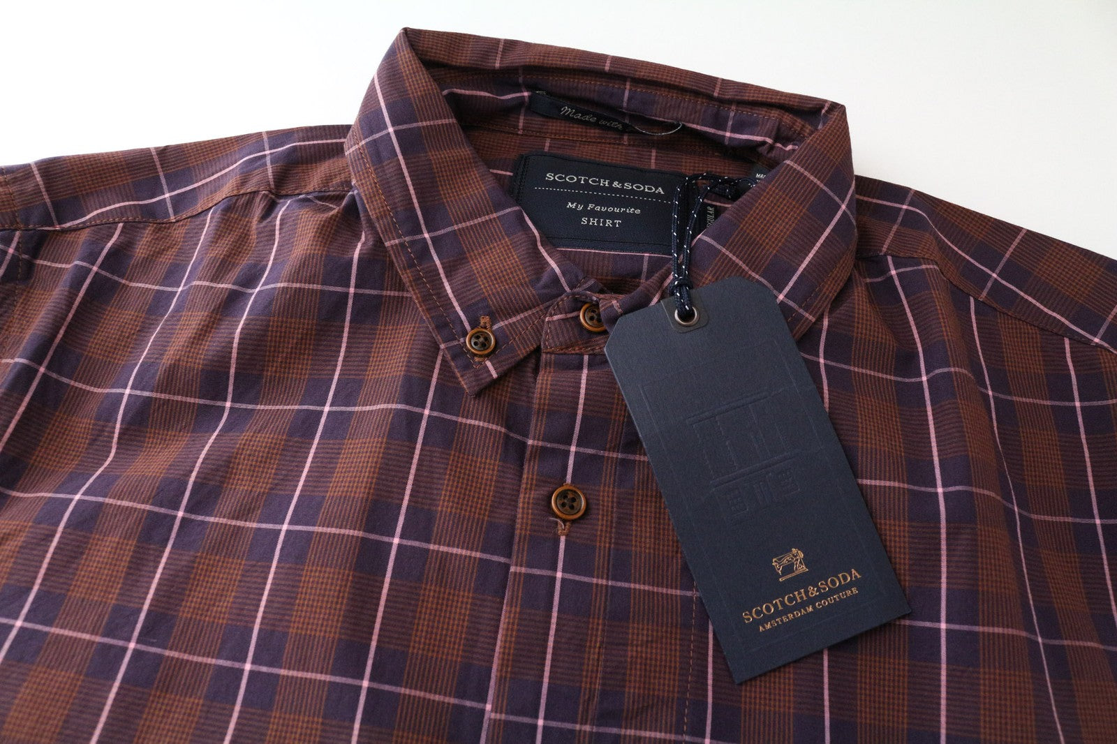 SCOTCH & SODA Men Shirt S Burgundy Checkered Button-Bown Cotton Smart Casual