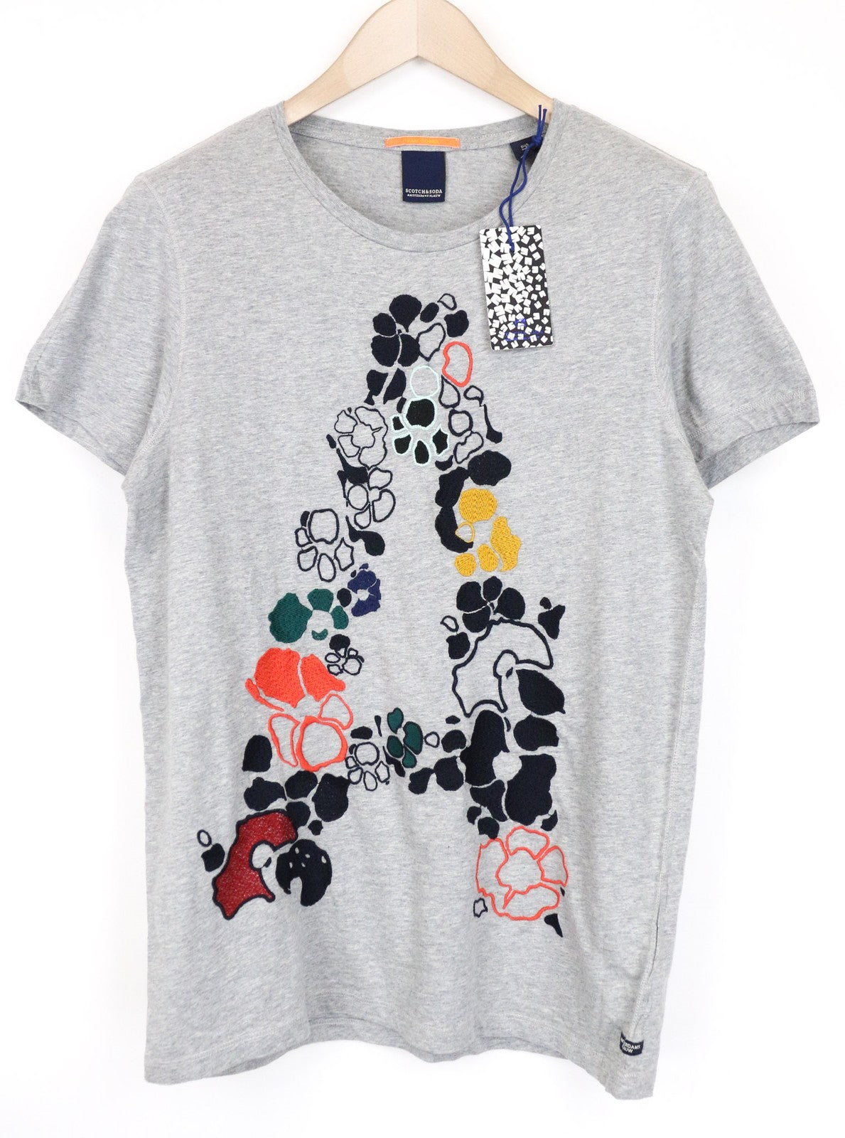 SCOTCH & SODA Men T-Shirt M Grey Melange Crew Neck Jersey Cotton Embroidery