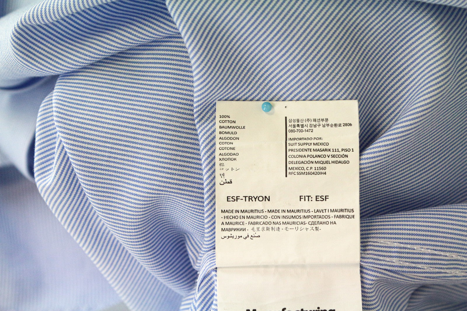 SUITSUPPLY Men Shirt 46/18 Extra Slim Blue Pure Cotton