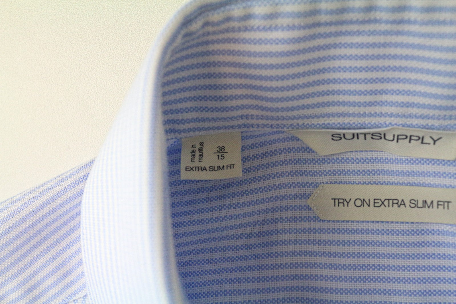 SUITSUPPLY Men Shirt 38/15 Extra Slim Blue Pure Cotton Striped Pattern Twill