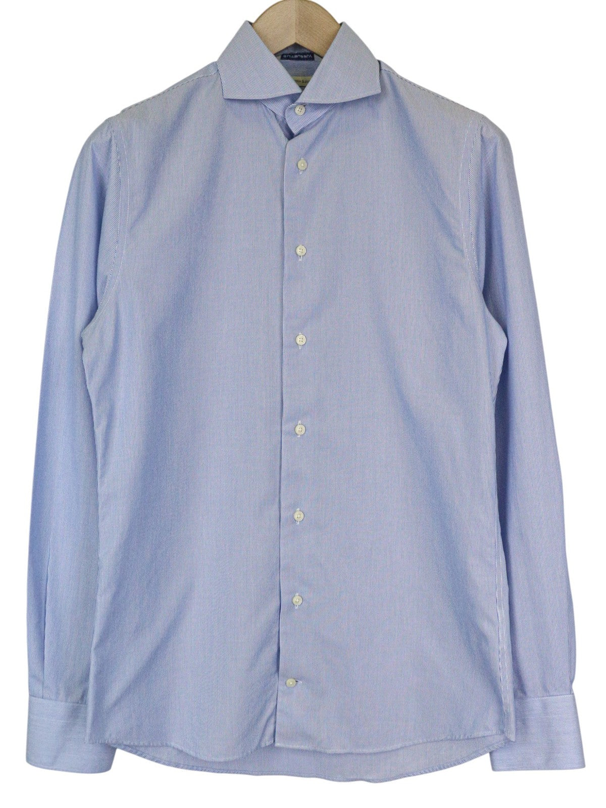 SUITSUPPLY Men Shirt 37/14 1/2 Extra Slim Blue Cotton Striped Button-Up Twill