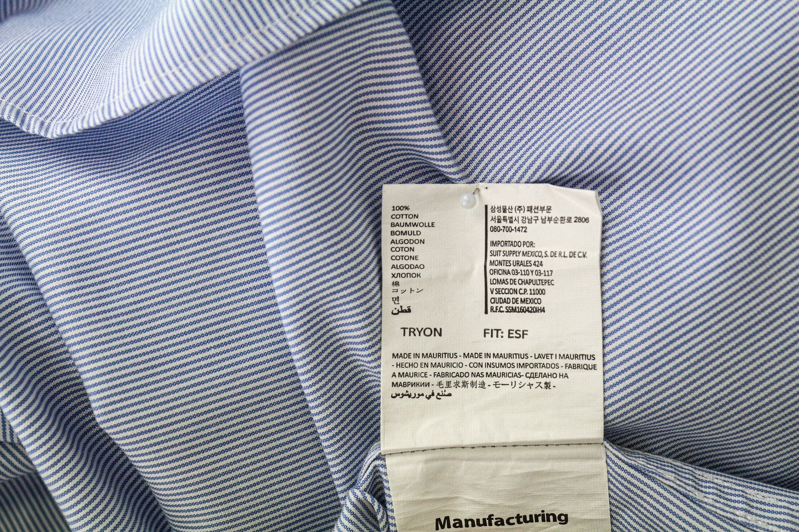 SUITSUPPLY Men Shirt 37/14 1/2 Extra Slim Blue Cotton Striped Button-Up Twill