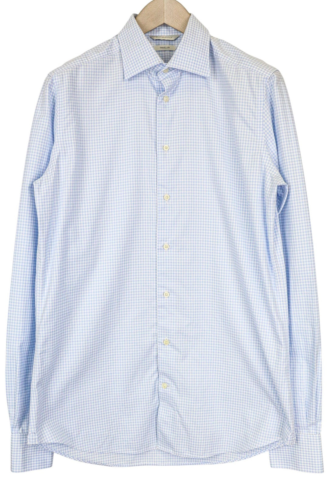SUITSUPPLY Men Shirt 40-7/15 3/4L Slim Blue Cotton Checked Pattern Long Sleeve
