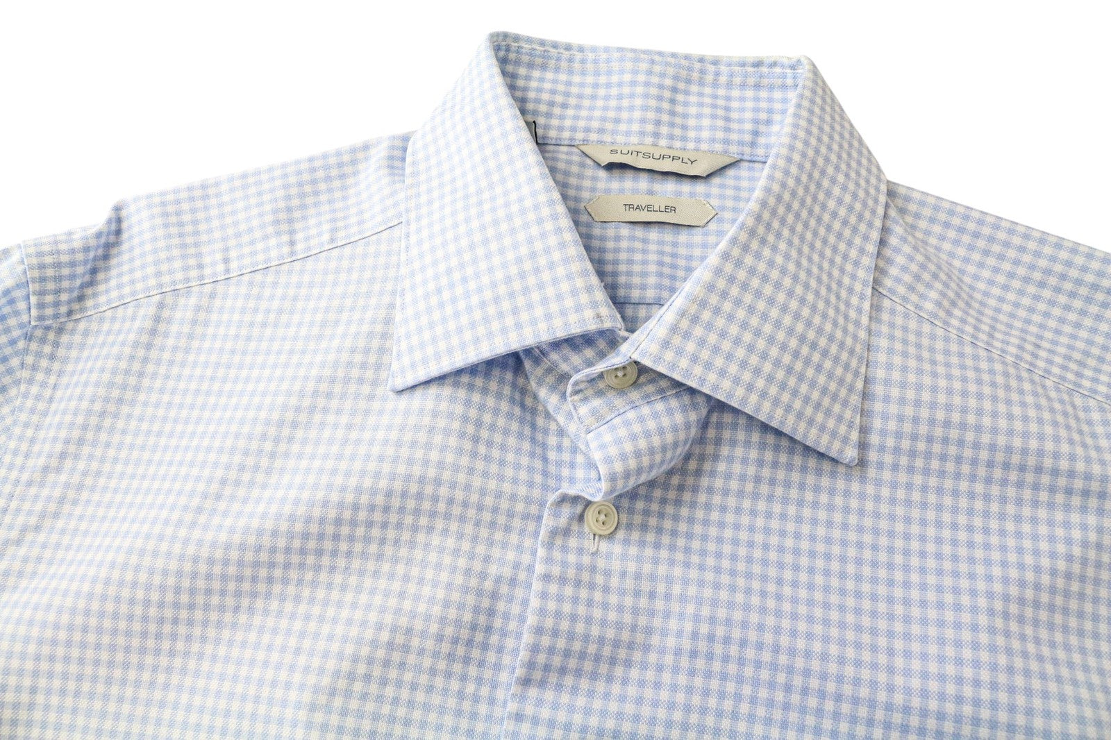SUITSUPPLY Men Shirt 40-7/15 3/4L Slim Blue Cotton Checked Pattern Long Sleeve