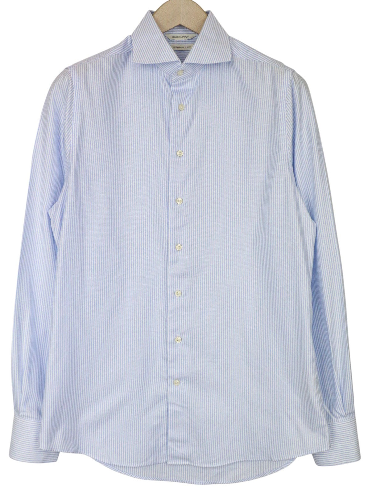 SUITSUPPLY Men Shirt 40/15 3/4 Extra Slim Blue Pure Cotton Cutaway Striped